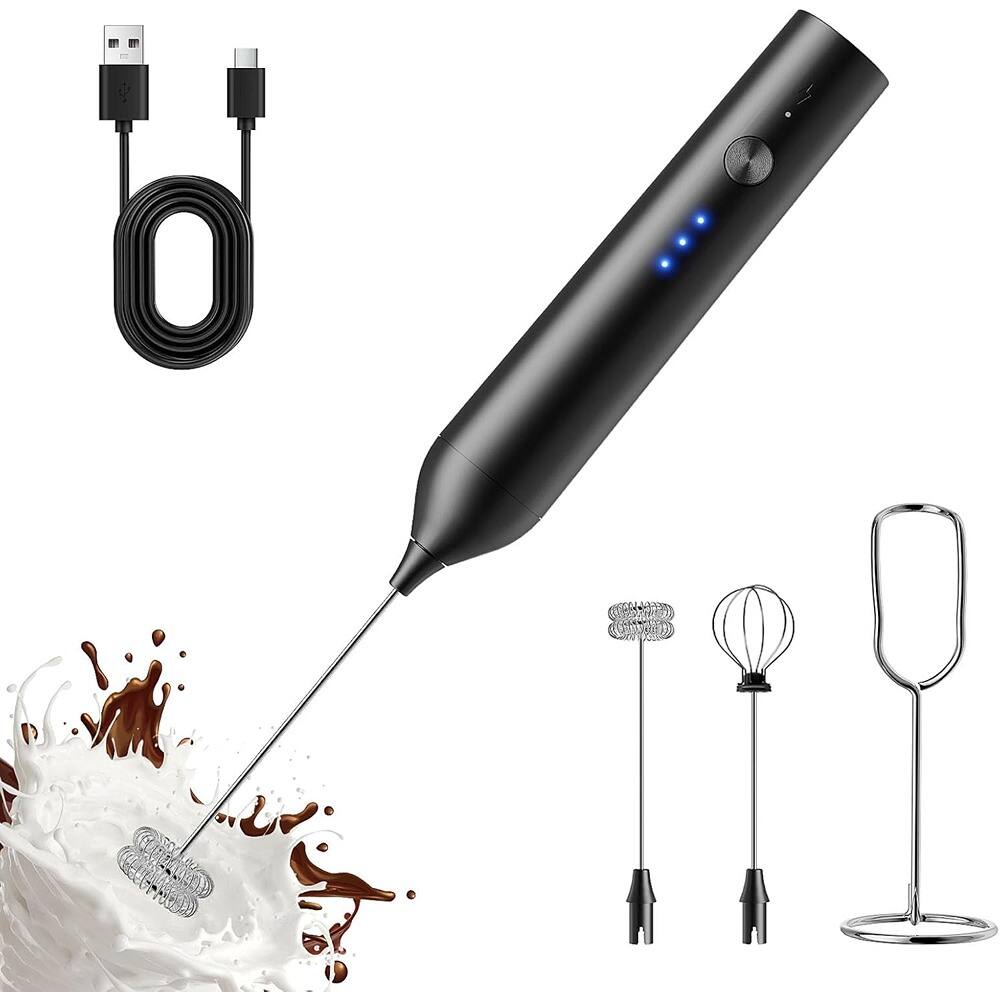 ACJPR - Rechargeable Milk Frother with Stand, Handheld Electric Foam Maker, Detachable Stainless Steel Whisk for Latte, Cappucci - Silver