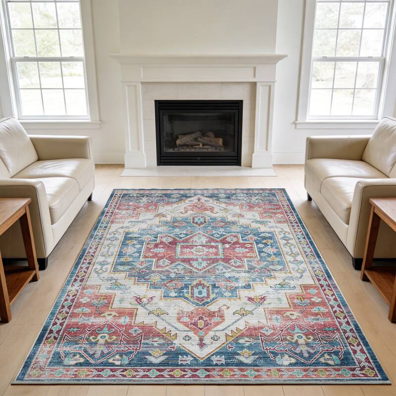 Angle. RYHNUYNE - 8x10 Area Rugs Living Room Rug Washable Vintage Boho Rug No Slip Stain Resistant Soft Carpet Indoor Floor Floral Carpets - Painting.