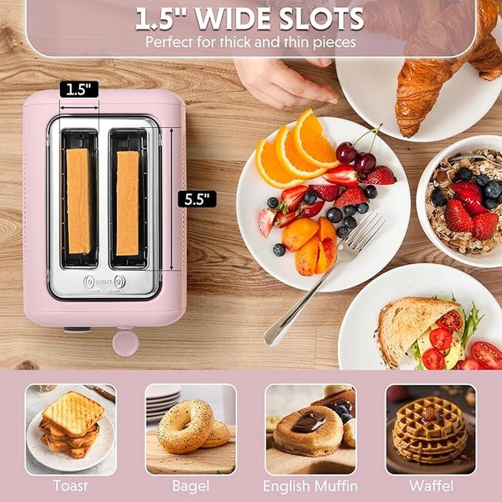 1.5" WIDE SLOTS  
Perfect for thick and thin pieces

1.5"  
5.5"

Toast  
Bagel  
English Muffin  
Waffle