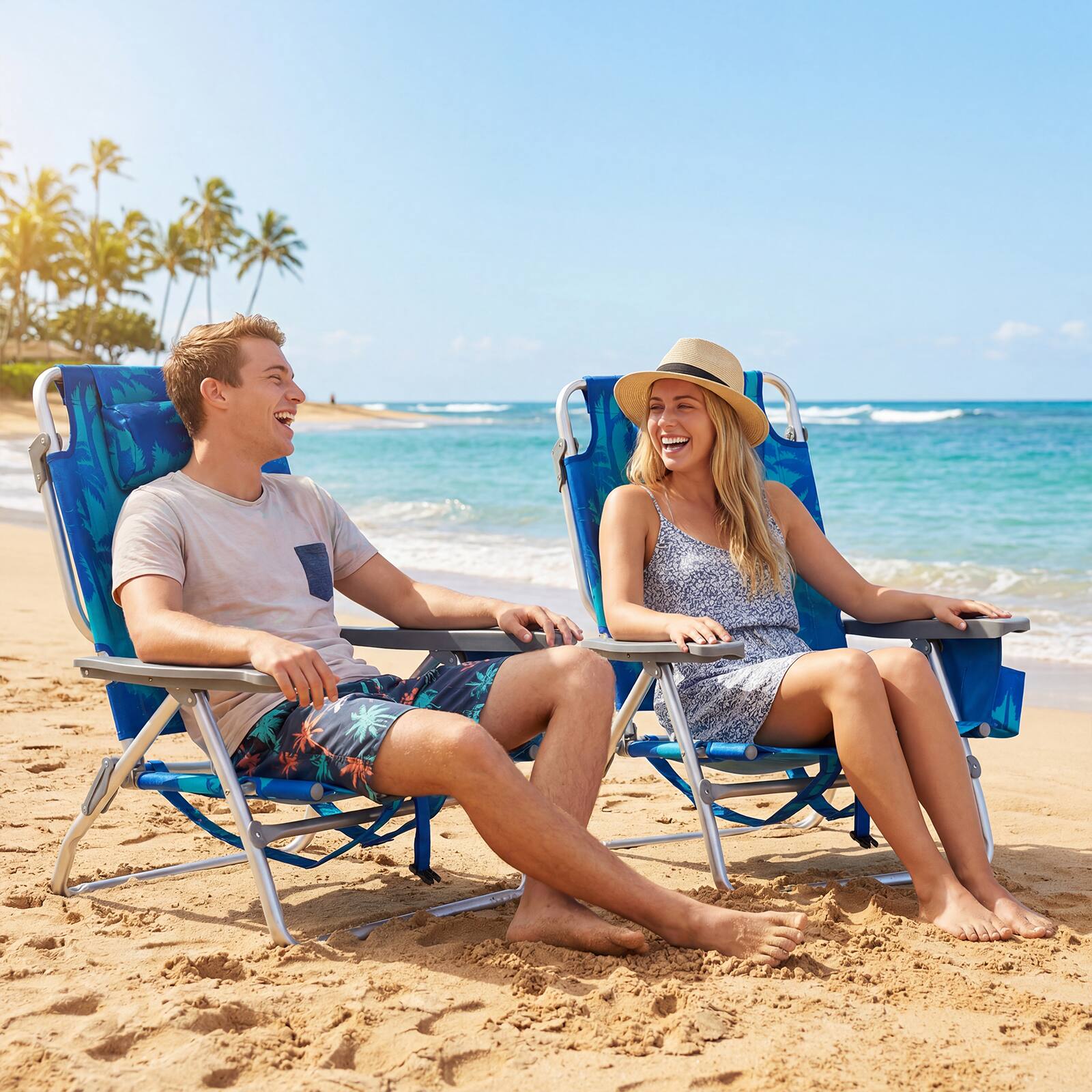 Alt View 1. Costway - Costway Beach Chairs Set of 2 with 5-Position Backrest Padded Headrest Cup Holder for Lawn - Coconut Blue.