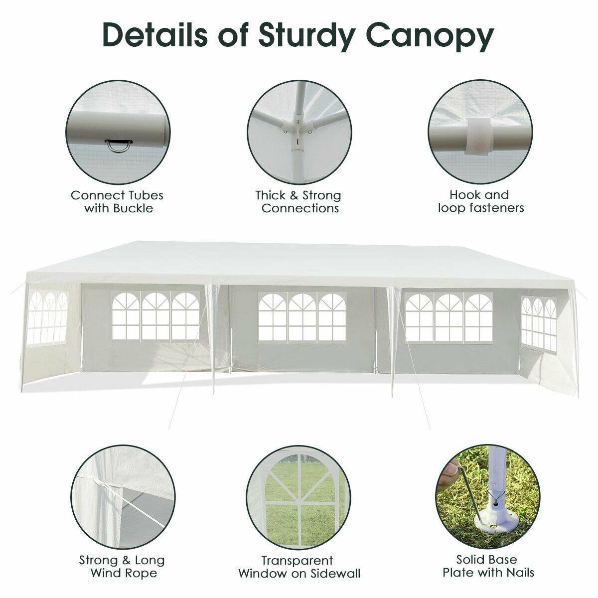 Details of Sturdy Canopy:
- Connect Tubes with Buckle
- Thick & Strong Connections
- Hook and Loop Fasteners
- Strong & Long Wind Rope
- Transparent Window on Sidewall
- Solid Base Plate with Nails