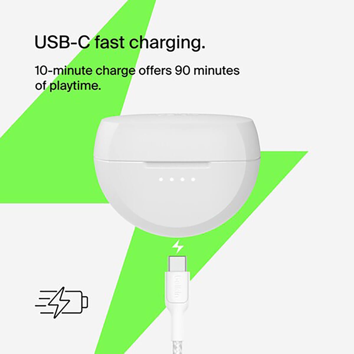 USB-C fast charging.  
10-minute charge offers 90 minutes of playtime.
