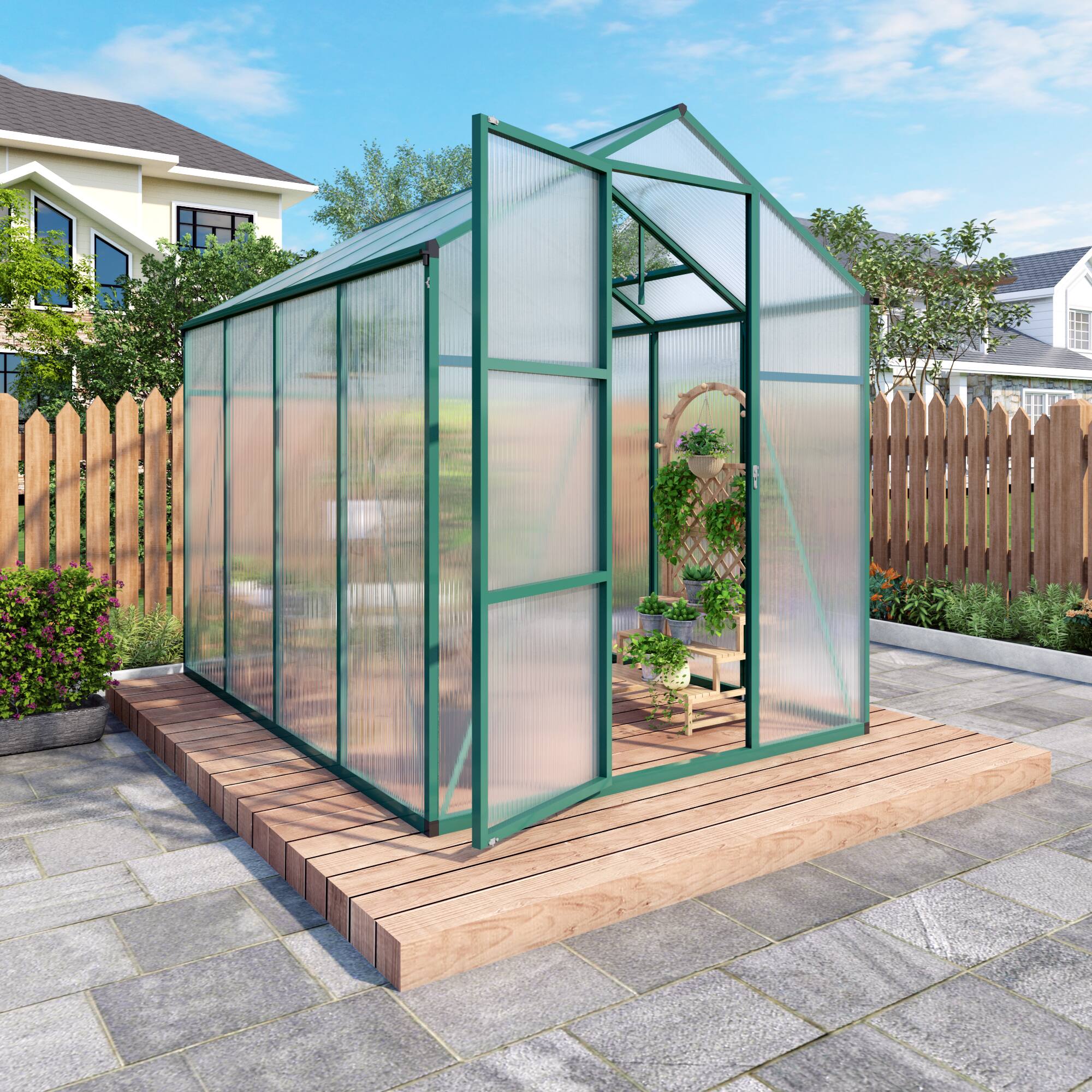 Left. Mondawe - 6x8 FT Polycarbonate Greenhouse with Raised Base and Anchor Aluminum, Gain Height Windproof Aluminum - Green.