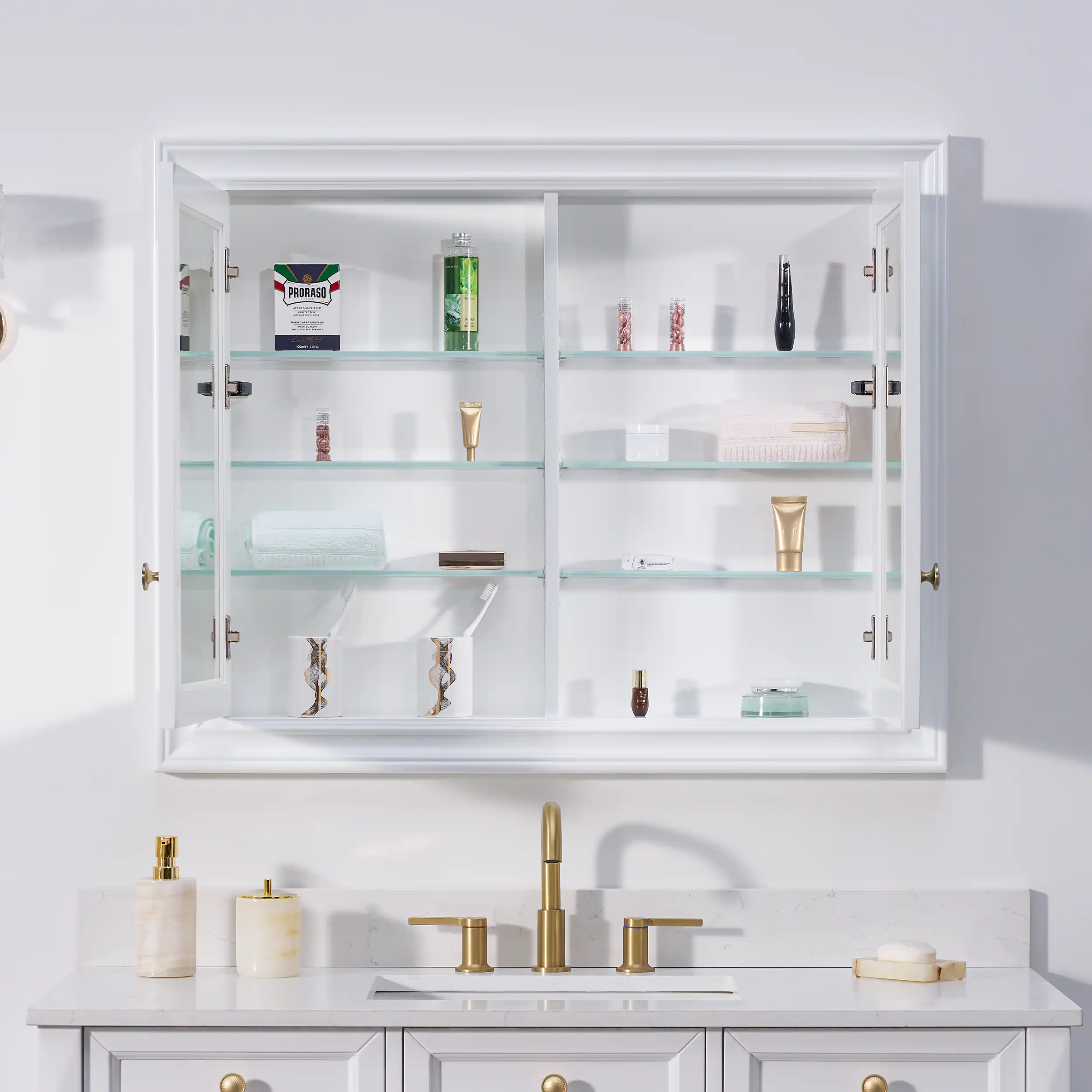 Angle. WELLFOR - 40 in. W x 32 in. H Rectangular Solid Wood Recessed Medicine Cabinet with Mirror - White.