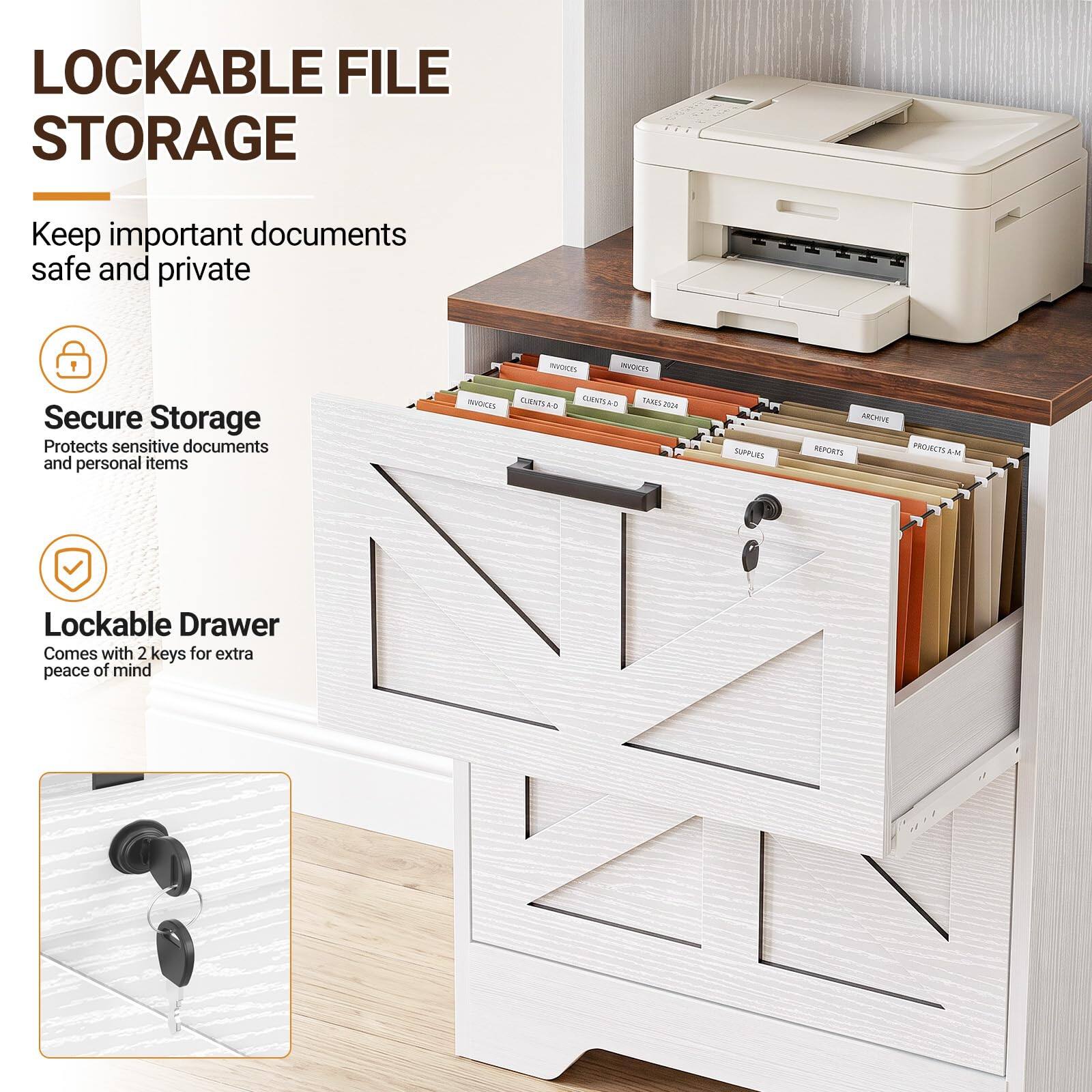 LOCKABLE FILE STORAGE  
Keep important documents safe and private  

Secure Storage  
Protects sensitive documents and personal items  

Lockable Drawer  
Comes with 2 keys for extra peace of mind  

INVOICES  
INVOICES  
INVOICES CLIENTS A-O CUENTSAD TARES 2024  
SUPPLIES  
ARCHIVE REPORTS PROJECTS & M