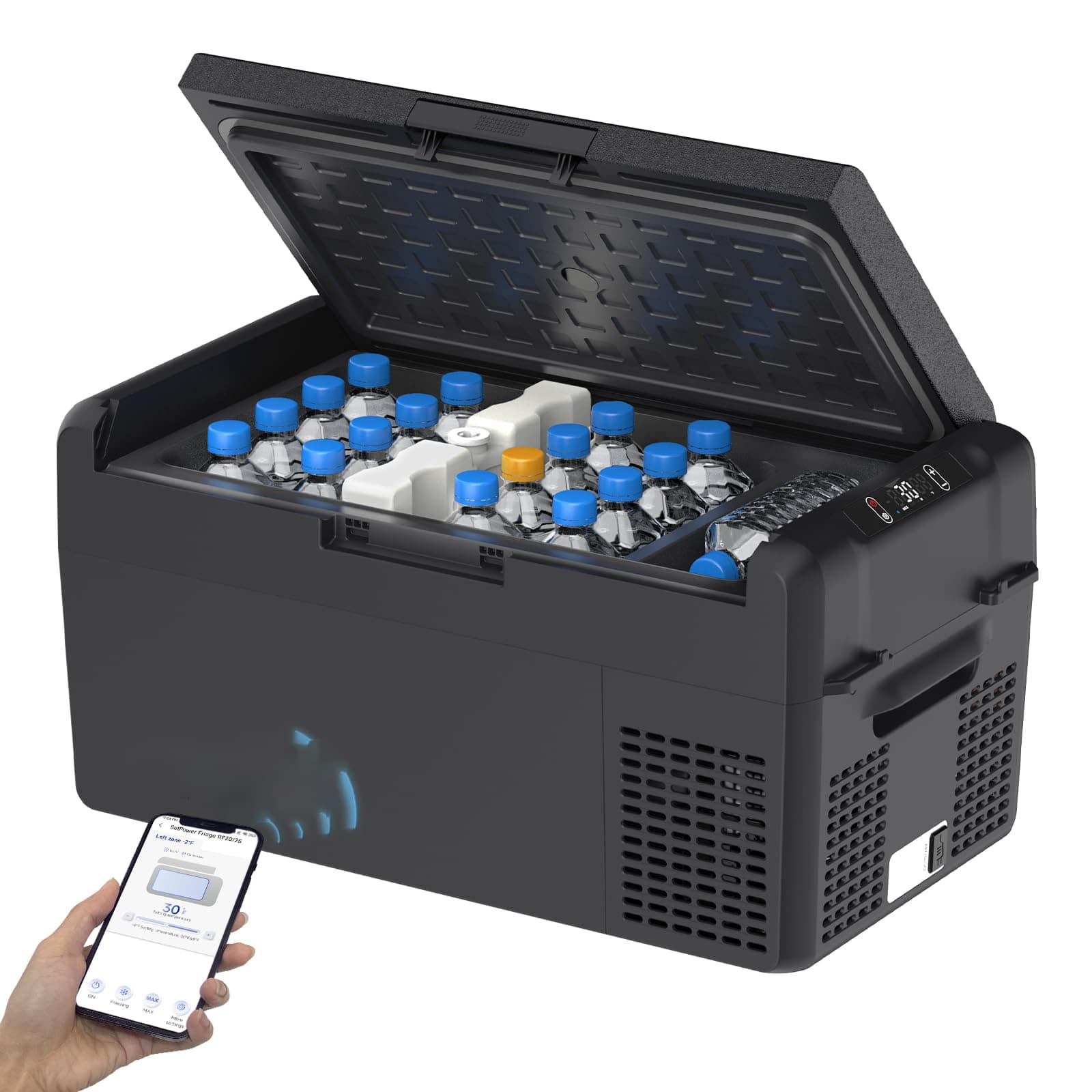 GlowWise - 12V Portable Fridge Freezer, 21 Quart, 50-Hour Cooling for Car, Truck, RV Use - RF20 - Black