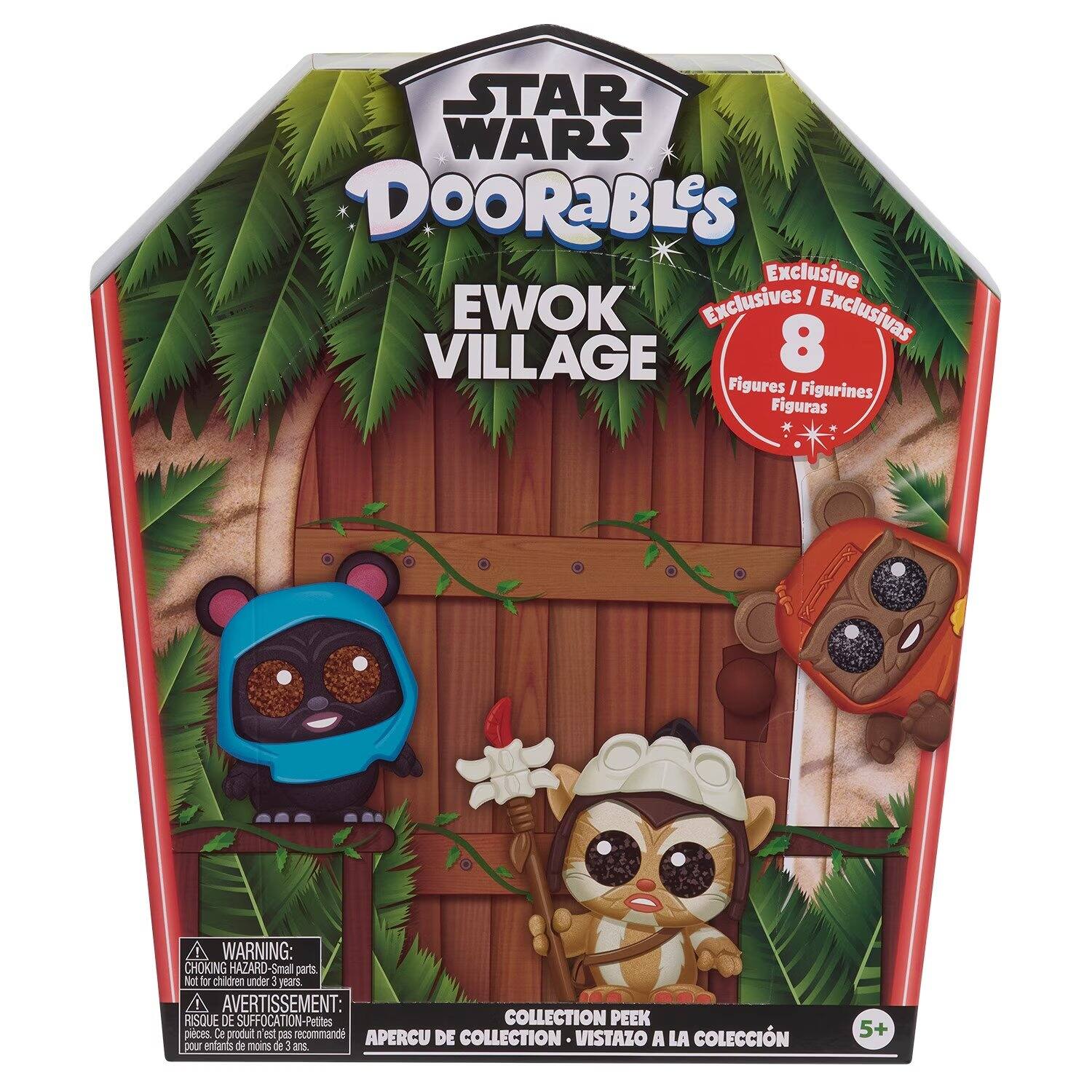 STAR WARS DOORABLES  
EWOK VILLAGE  
Exclusive Exclusives  
8 Figures / Figurines / Figuras  

WARNING: CHOKING HAZARD Small parts. Not for children under 3 years.  
AVERTISSEMENT: RISQUE DE SUFFOCATION - Petites pièces. Ce produit n'est pas recommandé pour les enfants de moins de 3 ans.  
APERCU DE COLLECTION - VISTAZO A LA COLECCIÓN  

5+