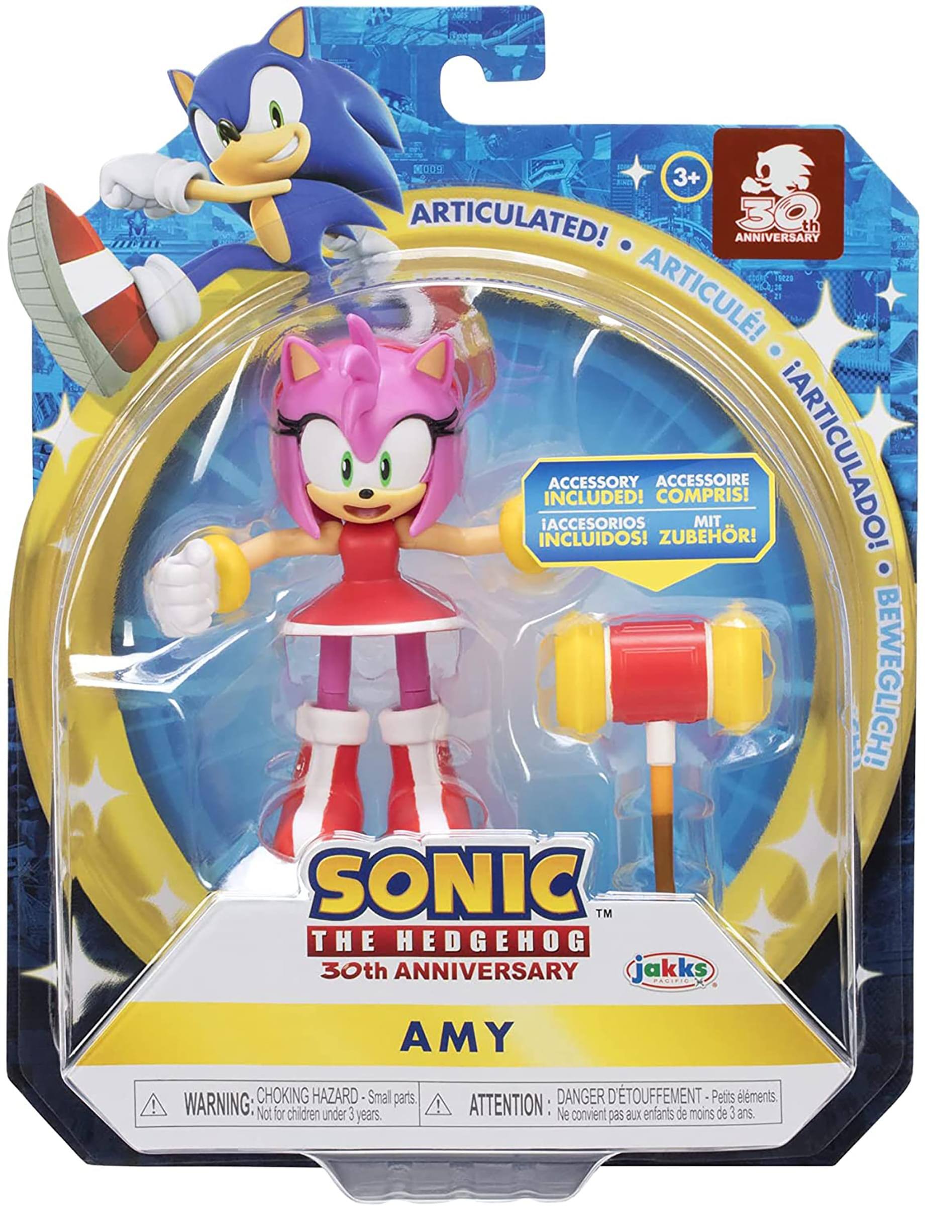 01009 3+ ARTICULATED! 30th ANNIVERSARY ARTICULATED! 2 INCLUDED! ACCESSORY ACCESSOIRE COMPRIS! ACCESSORIOS INCLUIDOS! ZUBEHR! MIT ARTICULADO! BEWEGLICH! SONIC THE HEDGEHOG 30th ANNIVERSARY AMY! CHOKING HAZARD - Small parts. WARNING: Not for children under 3 years. ATTENTION - DANGER D'ÉTOUFFEMENT - Petits éléments. Ne convient pas aux enfants de moins de 3 ans.
