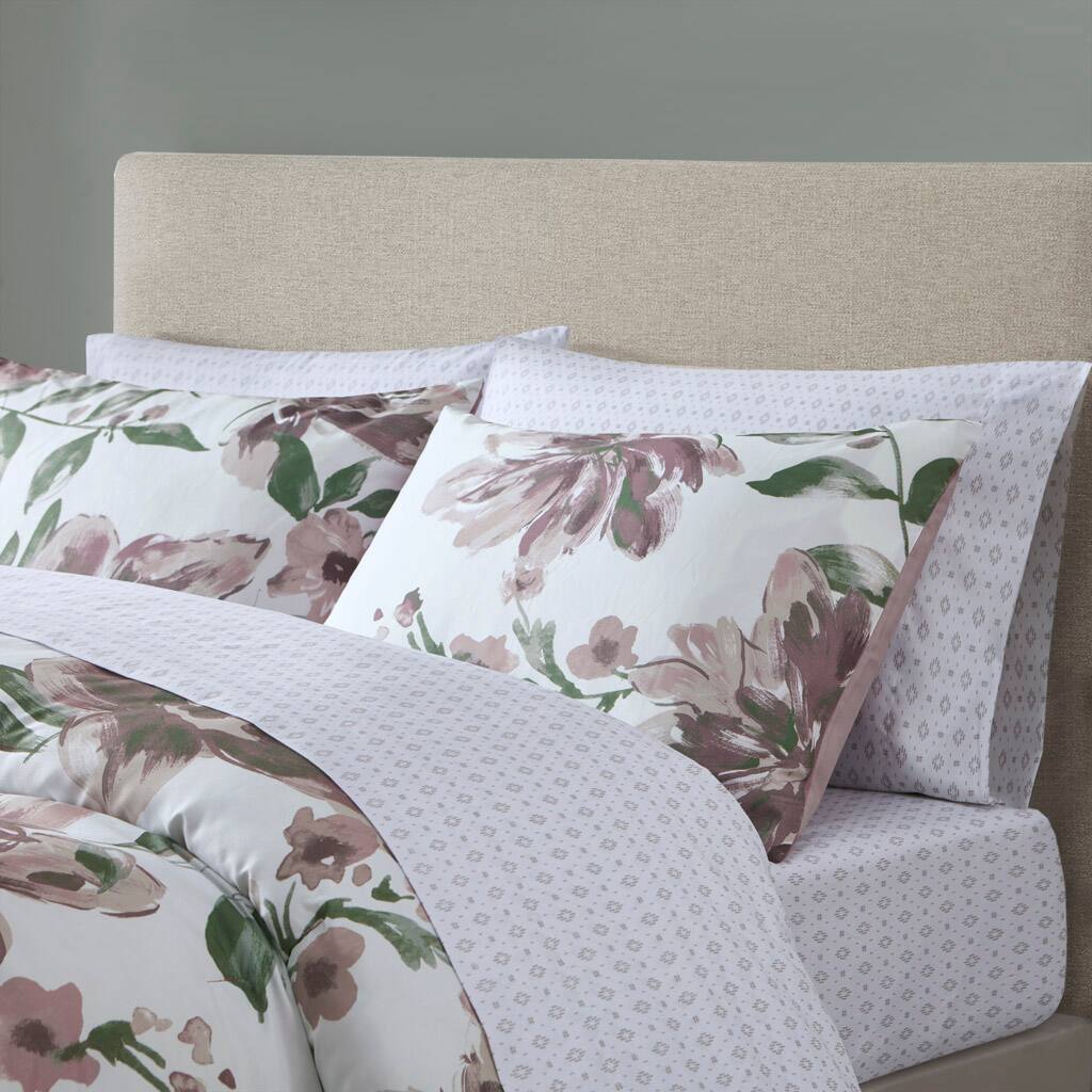 Left. TinyHomie - Twin Floral Comforter Set with Bed Sheets - Mauve.
