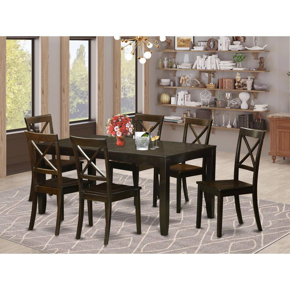 Back. East West Furniture - 7 PC formal Dining room set-Dining Table with Leaf 6 Chairs for Dining room - Cappuccino.