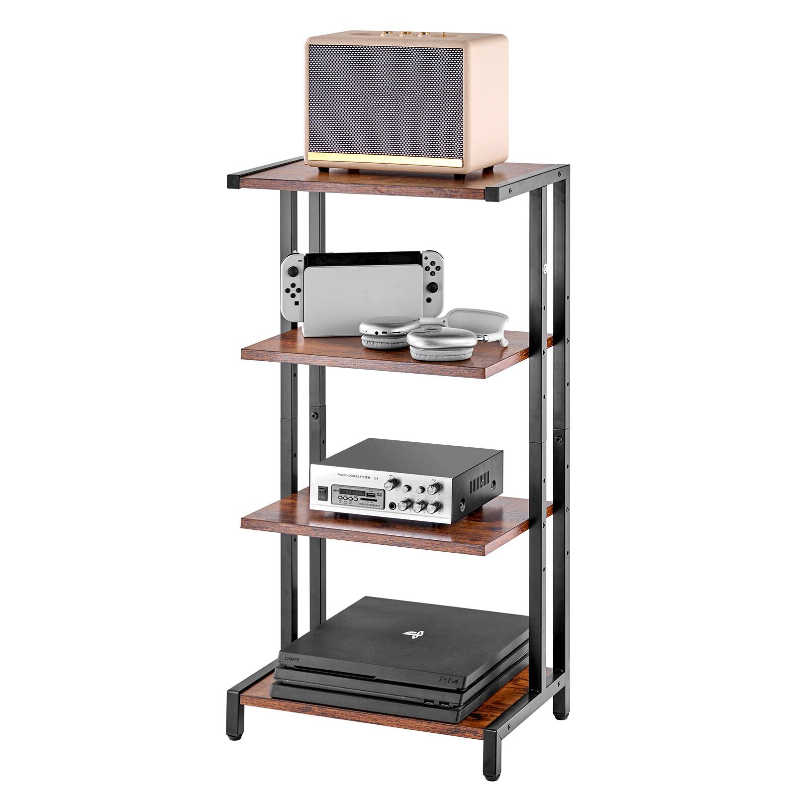 Front. VEVOR - 4-Tier AV Media Stand, Corner TV Stand, Height Adjustable Wooden Shelves - Vintage Brown + Black.