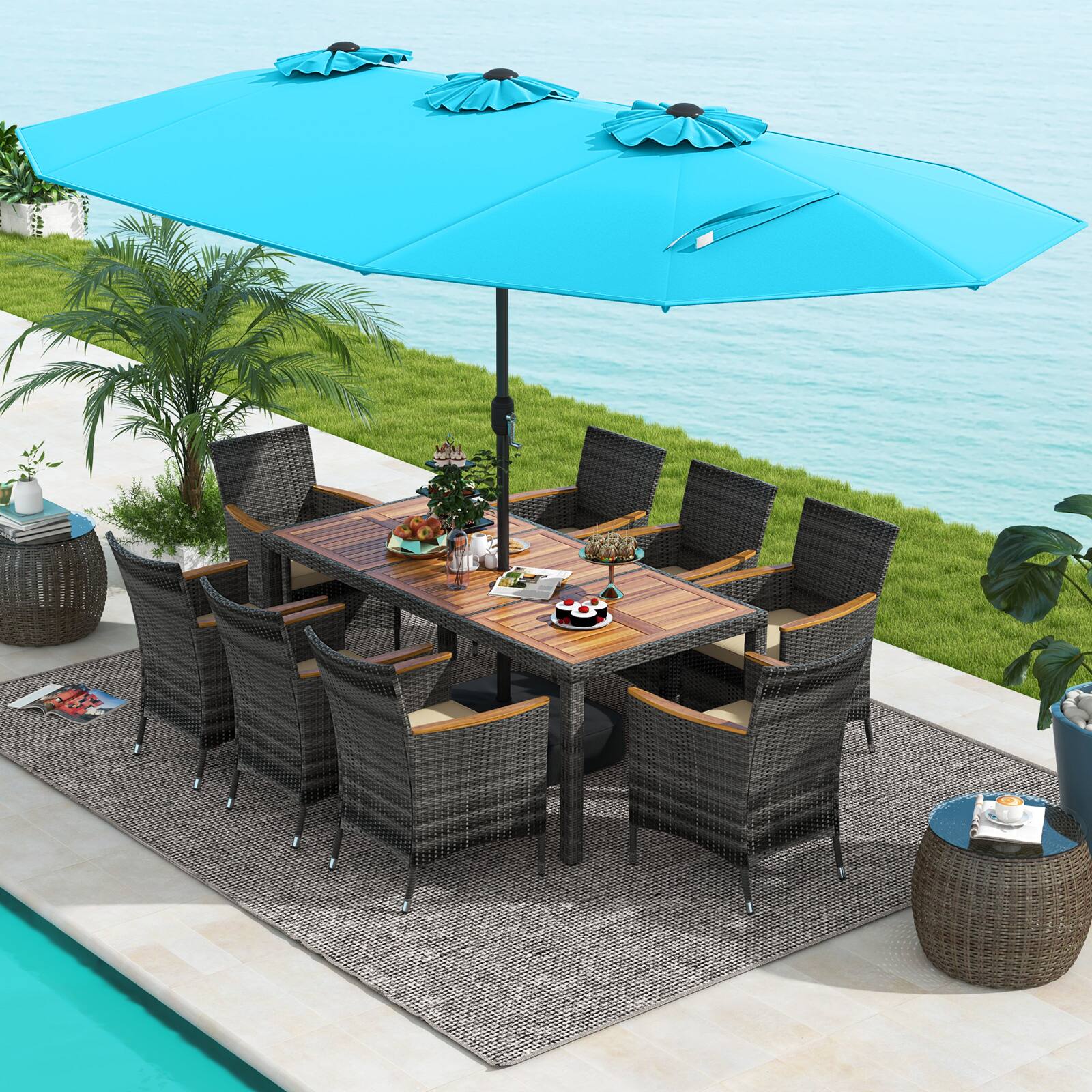 Alt View 3. Costway - 10 Pieces Patio Wicker Dining Set with Double-Sided Patio Umbrella 8 Armchairs - Turquoise,,Mix Brown.