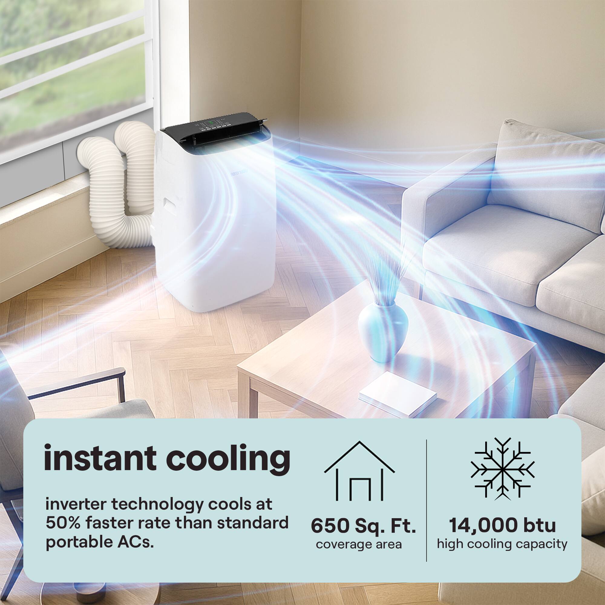 Instant cooling inverter technology cools at 50% faster rate than standard portable ACs. Coverage area: 650 Sq. Ft. High cooling capacity: 14,000 btu