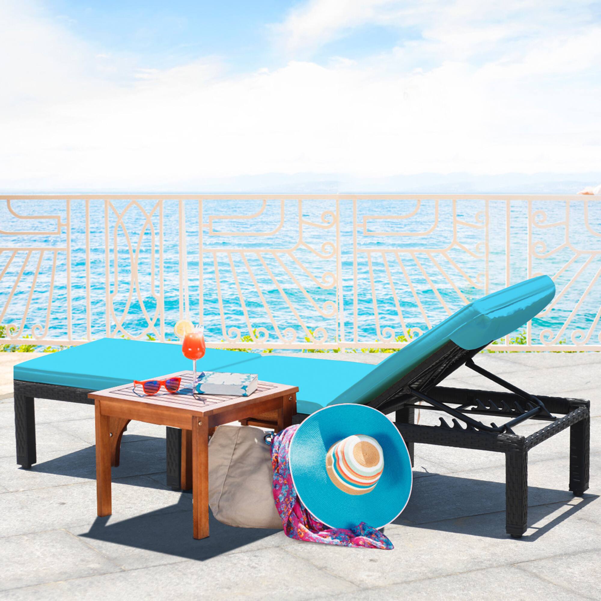 Alt View 5. Gymax - Gymax 2PCS Adjustable Rattan Patio Chaise Lounge Chair Couch w/ Turquoise Cushion - as pic.