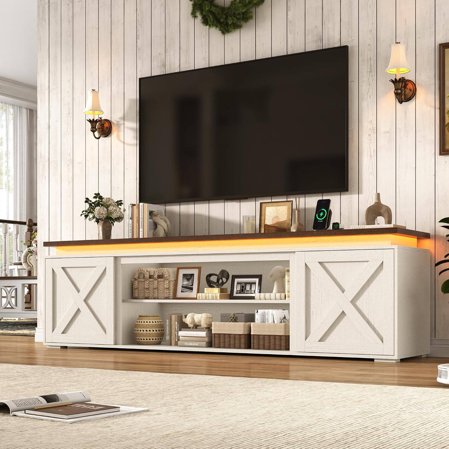 Espafurni - 83" Farmhouse TV Stand with Sliding Barn Doors, LED & Power Outlet, Fits TVs up to 95" - White