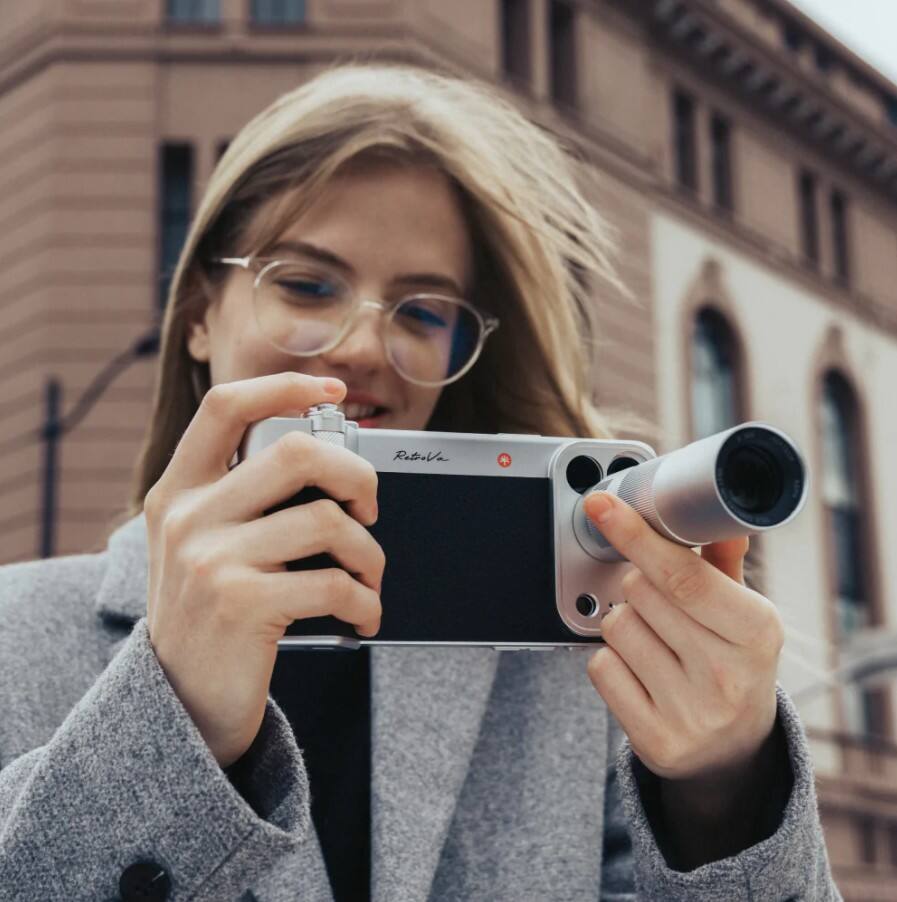 Angle. PGYTECH - PGYTECH Retrova Ultimate Gift Set Graphite Black for iPhone 17 Pro, Vintage Camera Grip Kit - Leather Aluminum.