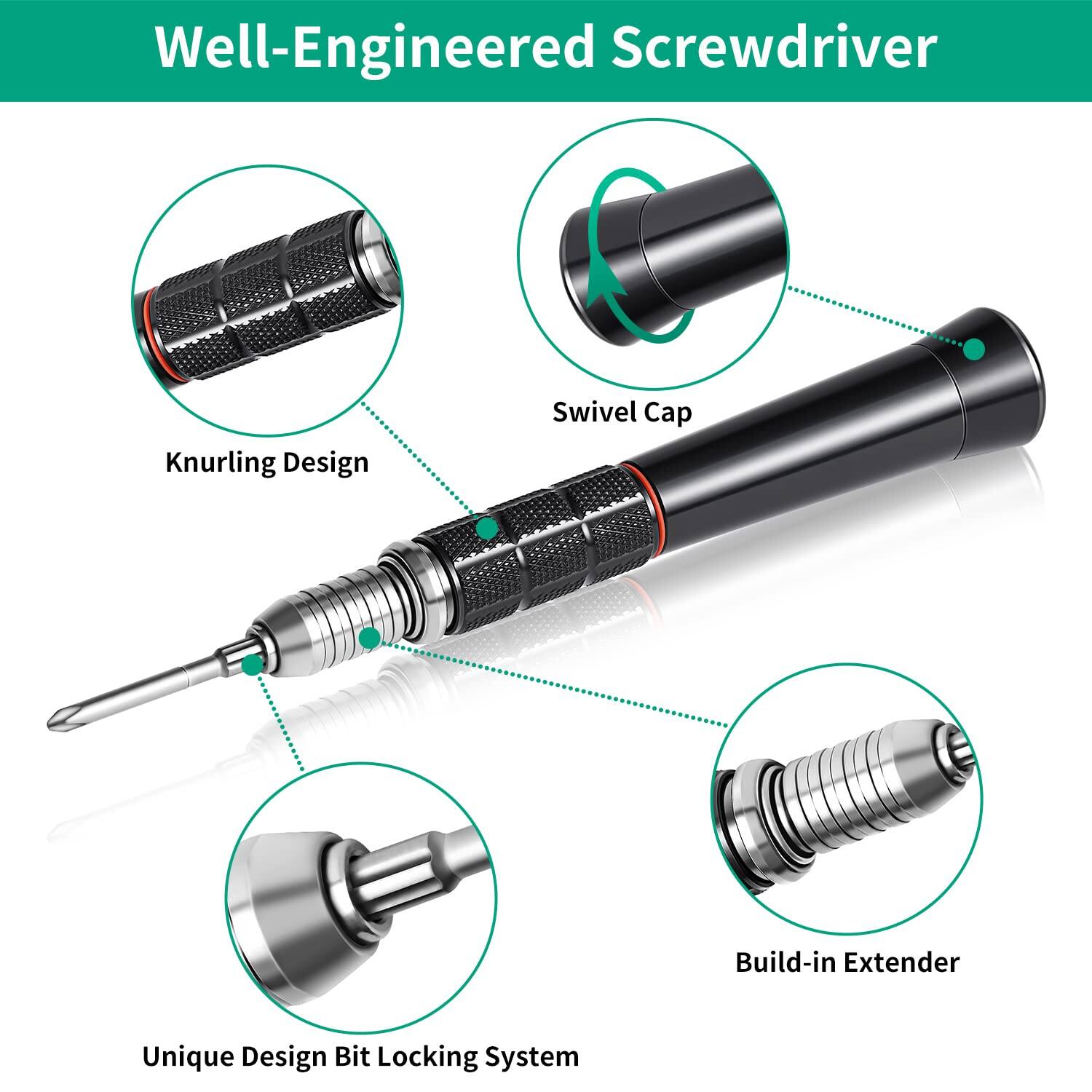 Well-Engineered Screwdriver

- Knurling Design
- Swivel Cap
- Unique Design Bit Locking System
- Build-in Extender
