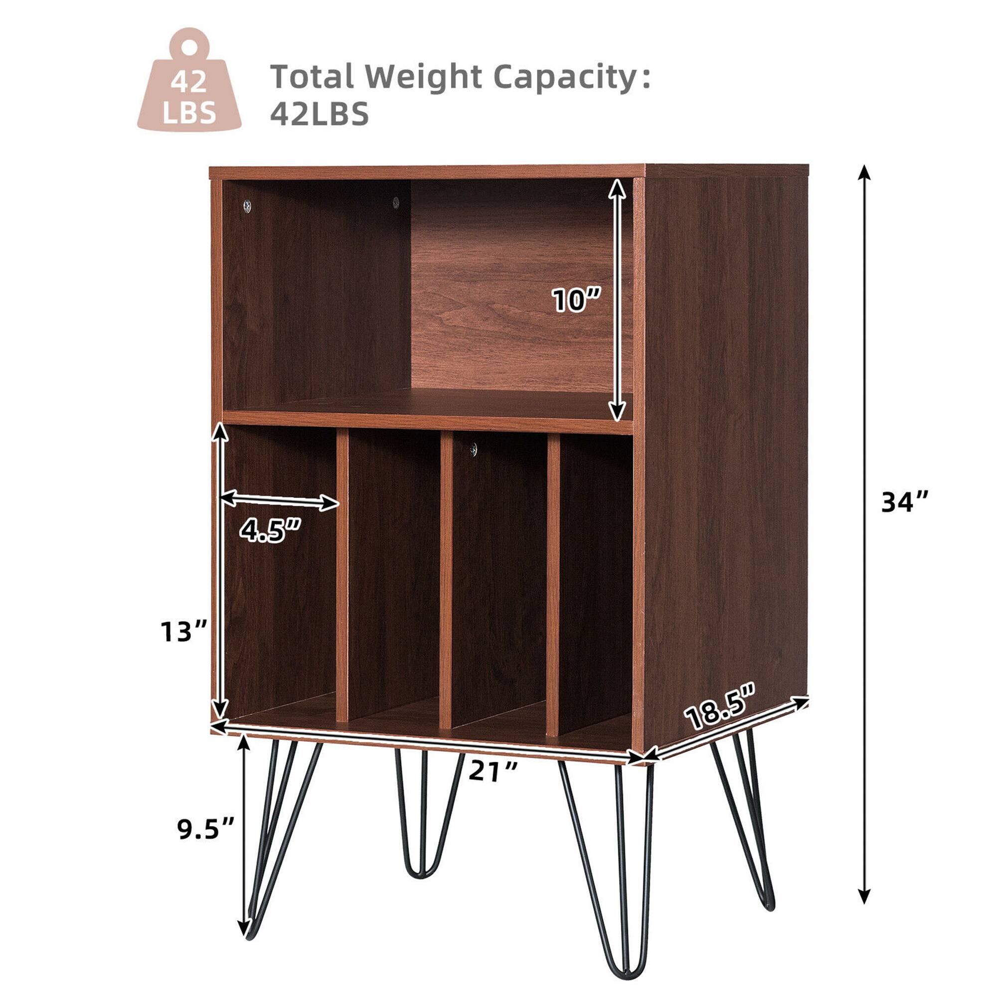 Total Weight Capacity: 42 LBS

Dimensions:
- Height: 34"
- Width: 21"
- Depth: 18.5"
- Shelf Height: 10"
- Shelf Depth: 13"
- Shelf Width: 4.5"
- Leg Height: 9.5"