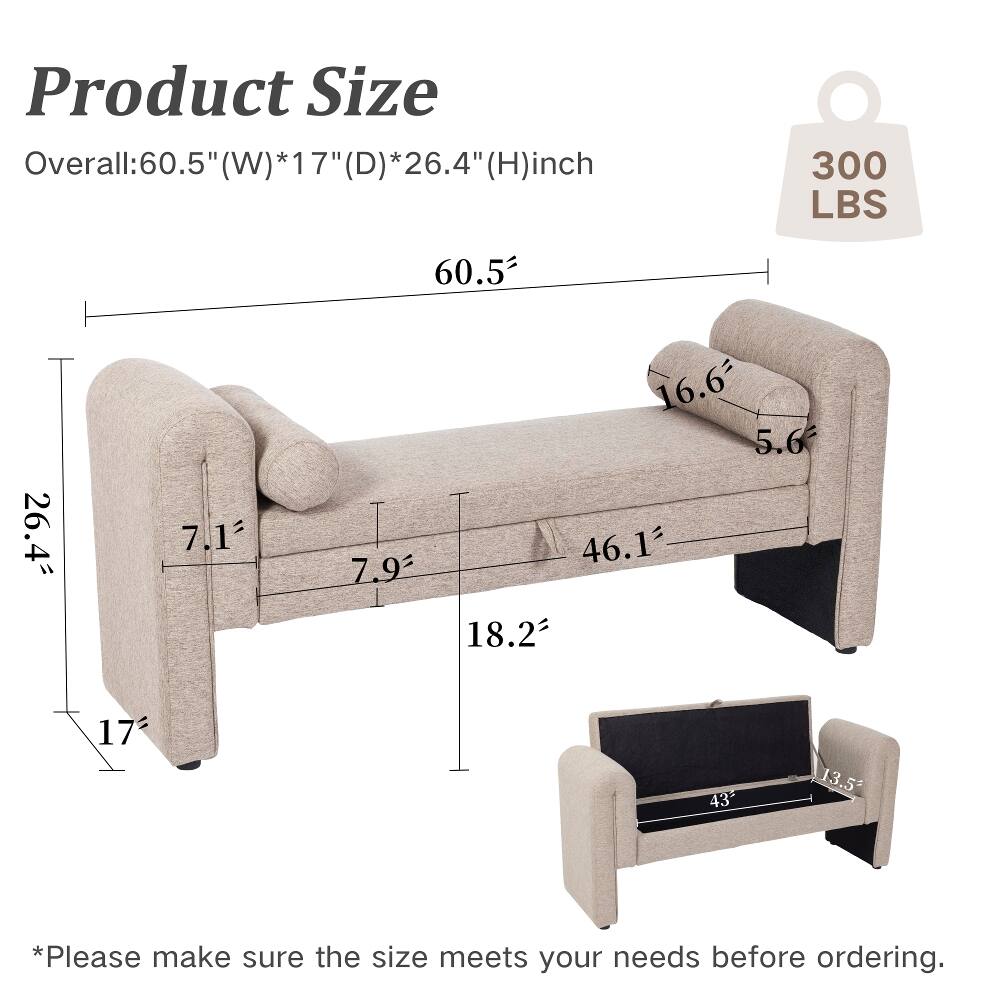 Product Size Overall: 60.5"(W) * 17"(D) * 26.4"(H) inch  
300 LBS  
60.52  
26.4  
7.12  
7.9  
16.6 5.6 46.12 18.22  
17's  
432  
13.52  

*Please make sure the size meets your needs before ordering.