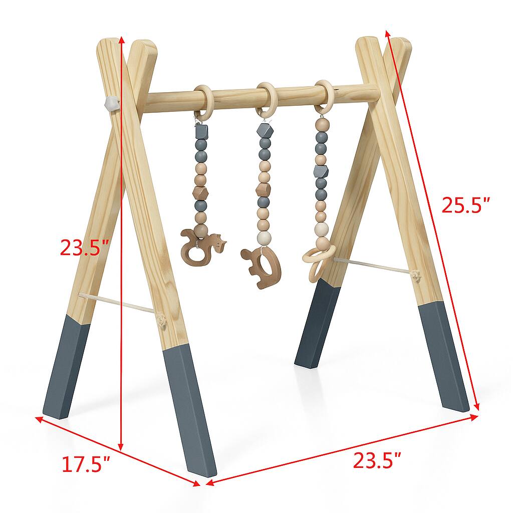 Left. Hivvago - Wooden Baby Activity Gym with Three Detachable Hanging Toys - Gray.