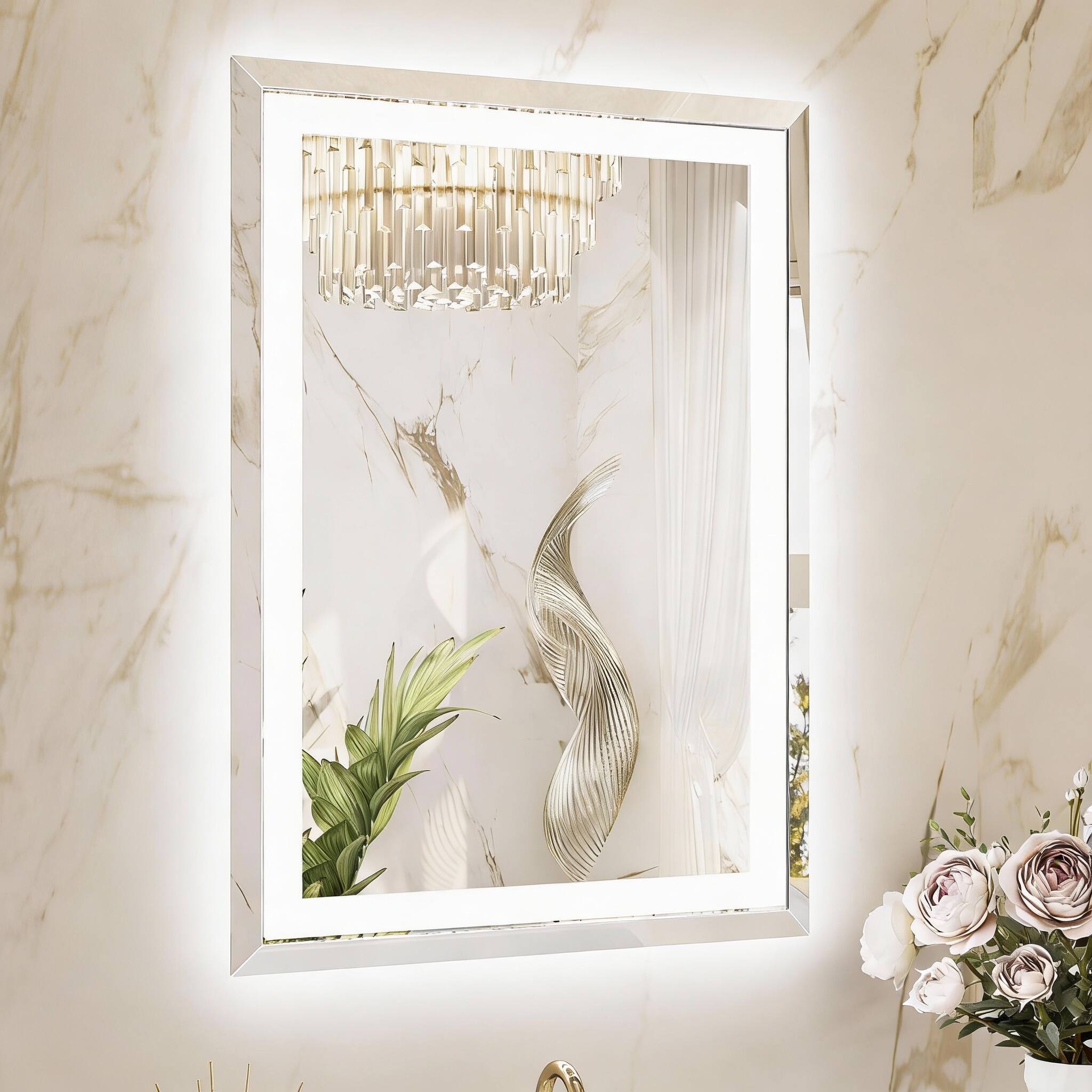 Front. METALTON - Led Lighted Bathroom Mirror With Beveled Edge Frontlit Backlit Vanity Anti fog Extra bright Lights color Di - 29.9"L x 21.7"W.