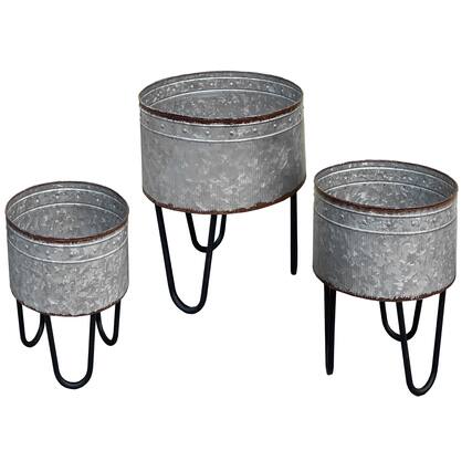 Front. Manhattan Lane - Galvanized Sheet Planter Tubs, Iron Powder Coated Hairpin Legs, Set of 3 - Gray and Black.