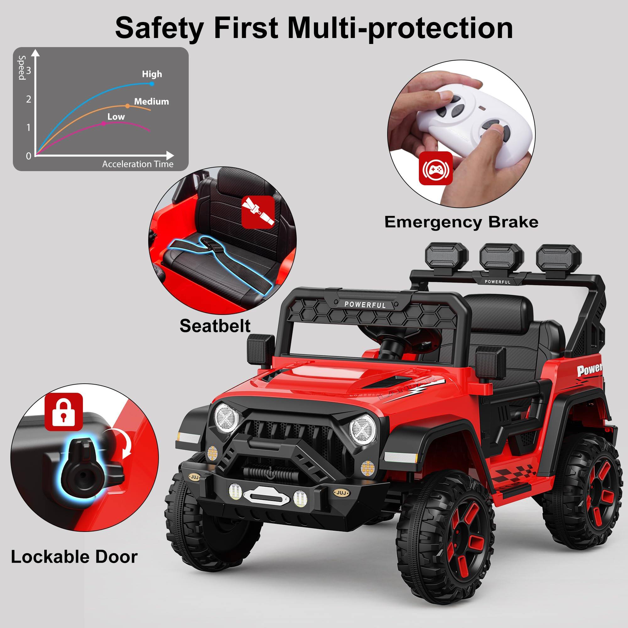 Safety First Multi-protection

- Speed: High, Medium, Low
- Acceleration Time: 4
- Emergency Brake
- Seatbelt
- Lockable Door

Powerful