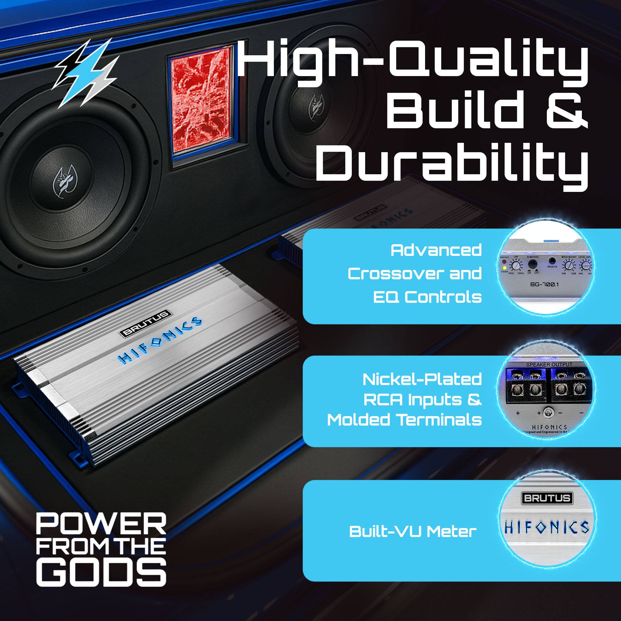 High-Quality Build & Durability

Advanced Crossover and EQ Controls

Nickel-Plated RCA Inputs & Molded Terminals

Built-VU Meter

POWER FROM THE GODS