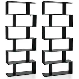 Gymax - 2 PCS 6 Tier S-Shaped Bookshelf Storage Display Bookcase Z-Shelf - Black