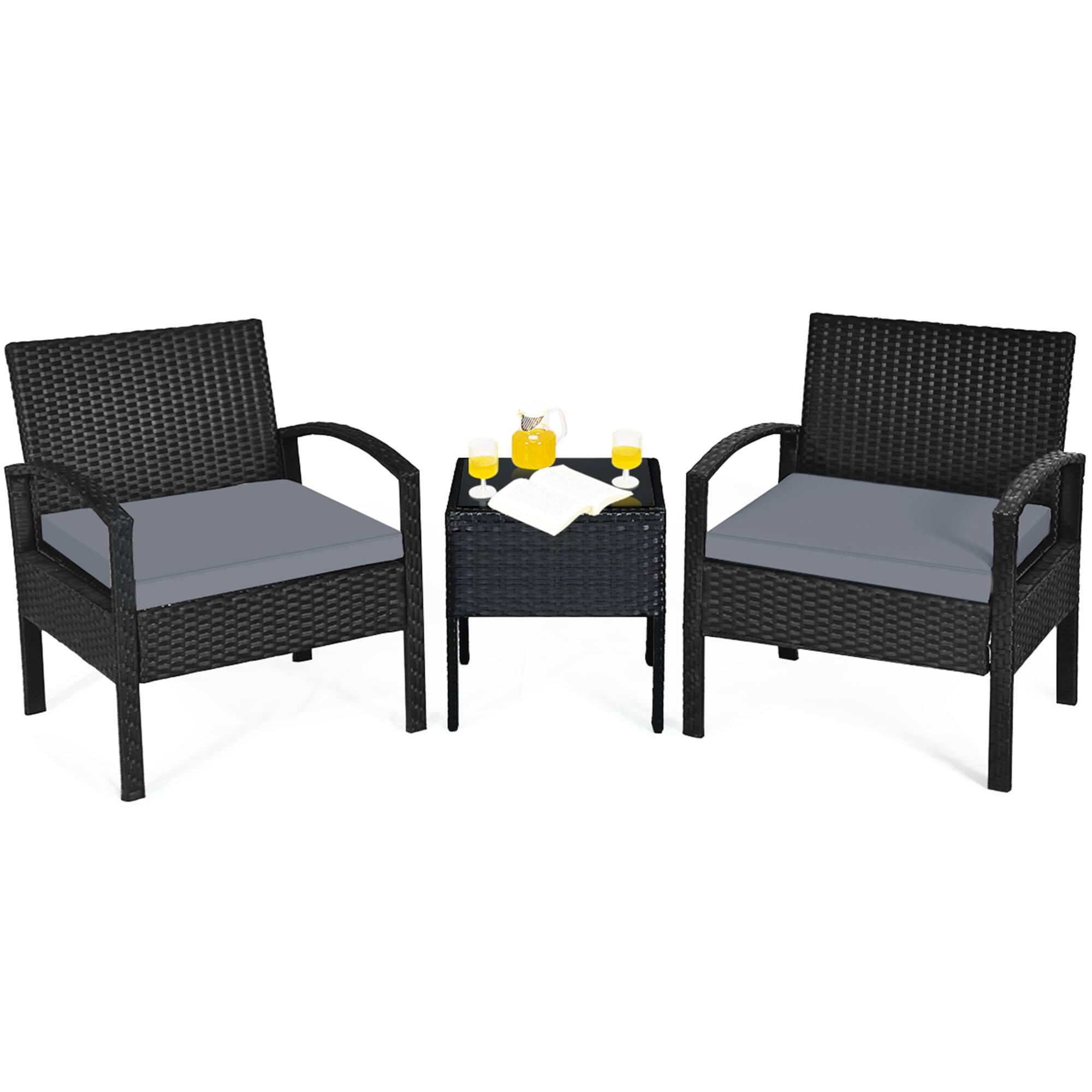 Alt View 7. Gymax - Gymax 3PCS Patio Rattan Conversation Furniture Set Outdoor Yard w/ Grey Cushions - Black.