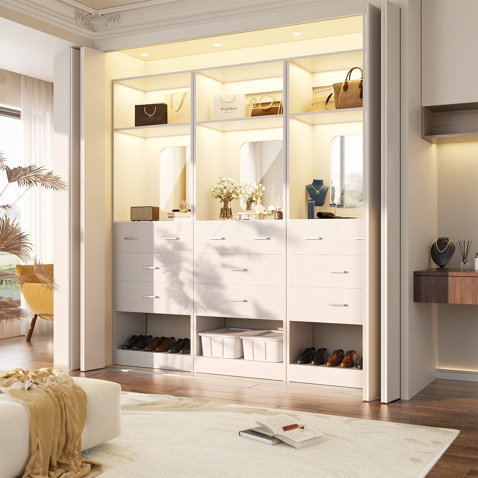 Angle. Aheaplus - 25 Inch Closet System with 4 Wooden Drawers, Freestanding Closet Organizer with Mirror & Storage Shelves - White.