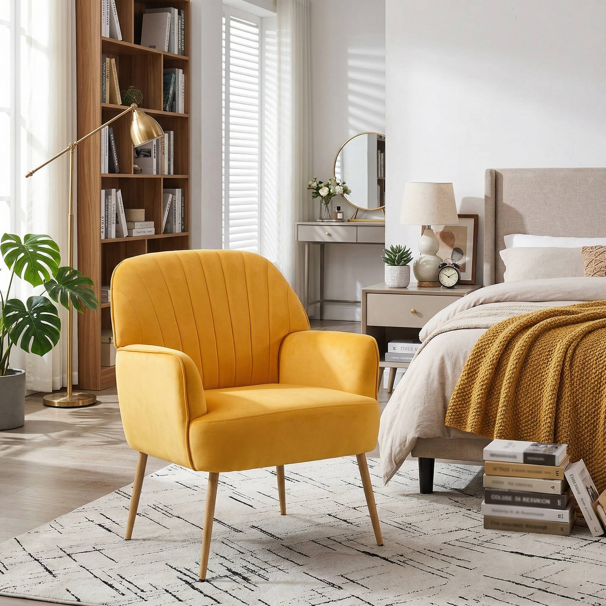 Alt View 5. Forest'nSky - Velvet Accent Chair, Modern Upholstered Barrel Armchair with Metal Legs, Luxury Comfy Single Sofa,Yellow - Yellow.