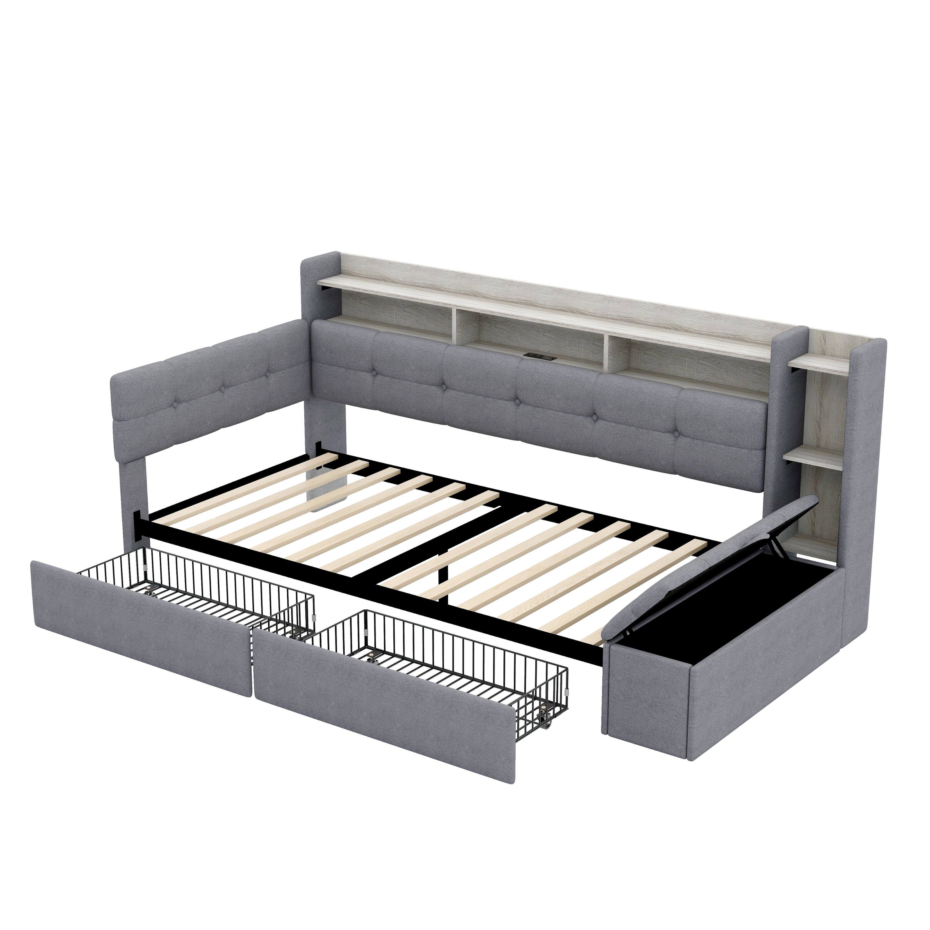 Alt View 1. Whisen - Upholstered Daybed with Storage Drawers, LED Light, USB Ports & Footstool - Gray.