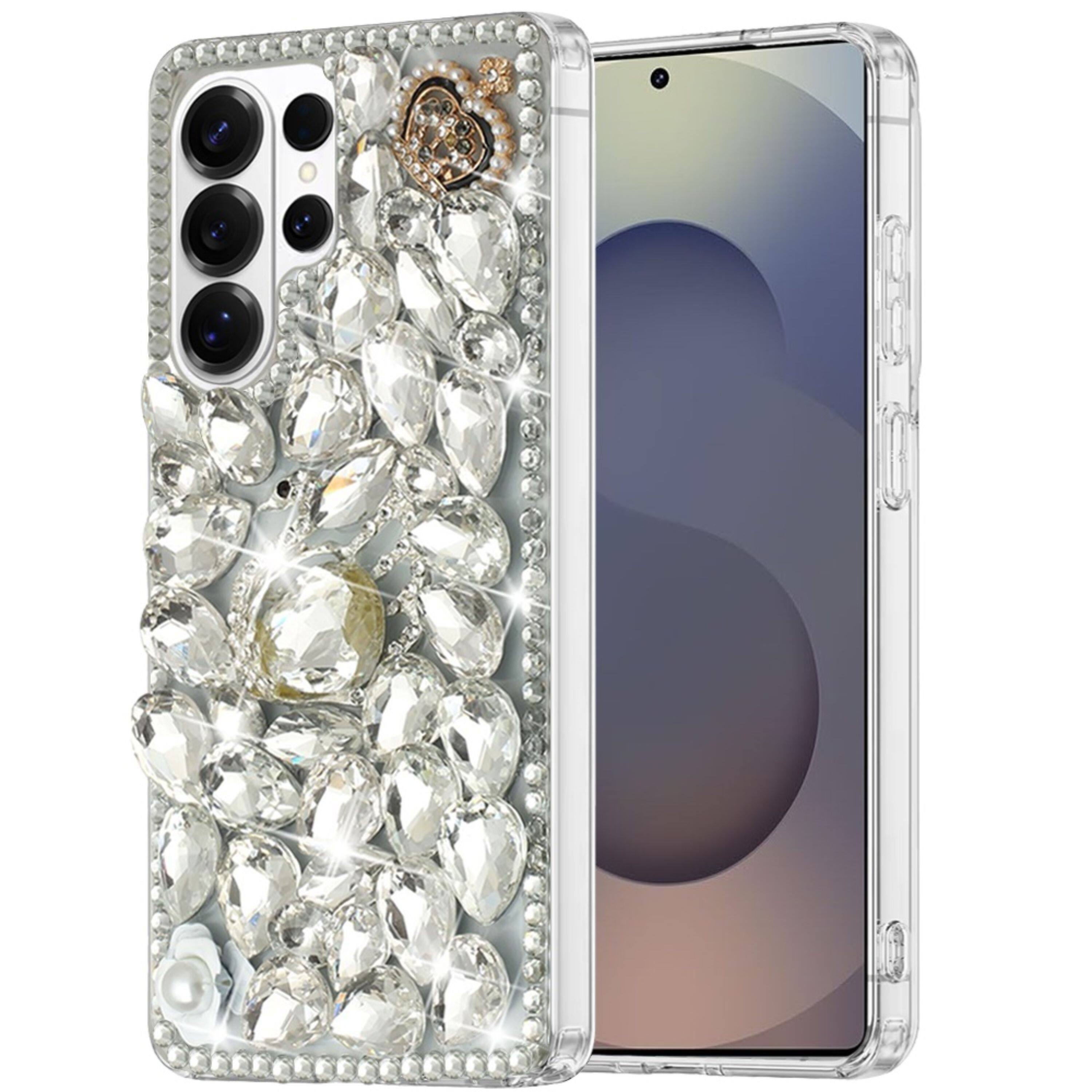 Angle. Kitcheniva - Dazzling 3D Rhinestone Ornament Protective Case With Tempered Glass For Samsung S26 Ultra Silver Panda - Silver.