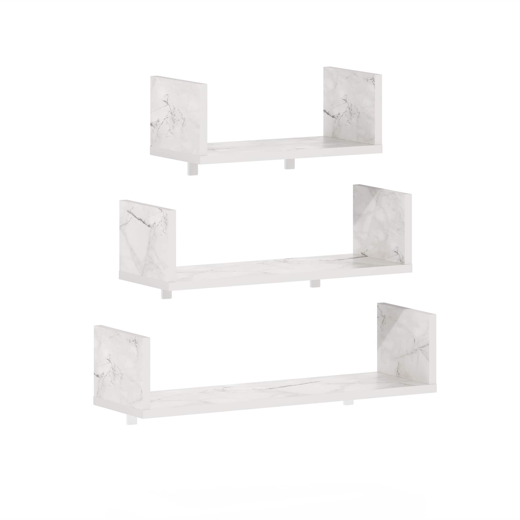 Furinno - Rossi Bedroom Decor Wall Mounted Floating Display Shelves, Set of 3 - Marble White