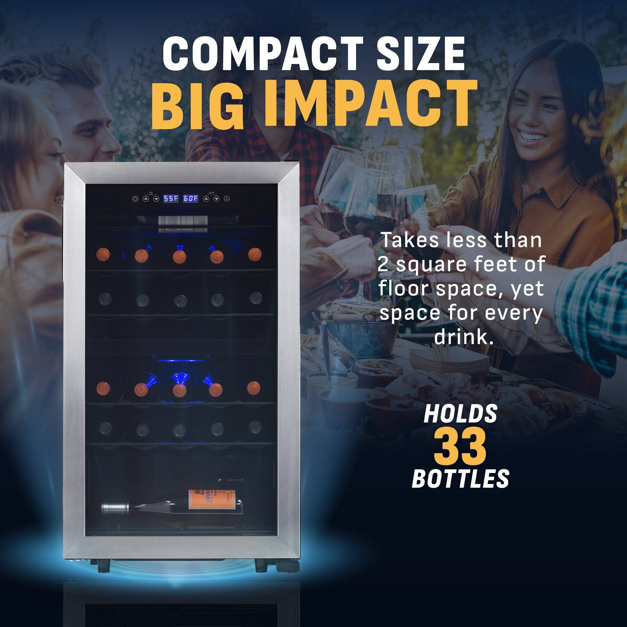 COMPACT SIZE BIG IMPACT

Takes less than 2 square feet of floor space, yet space for every drink.

1 - HOLDS 33 BOTTLES