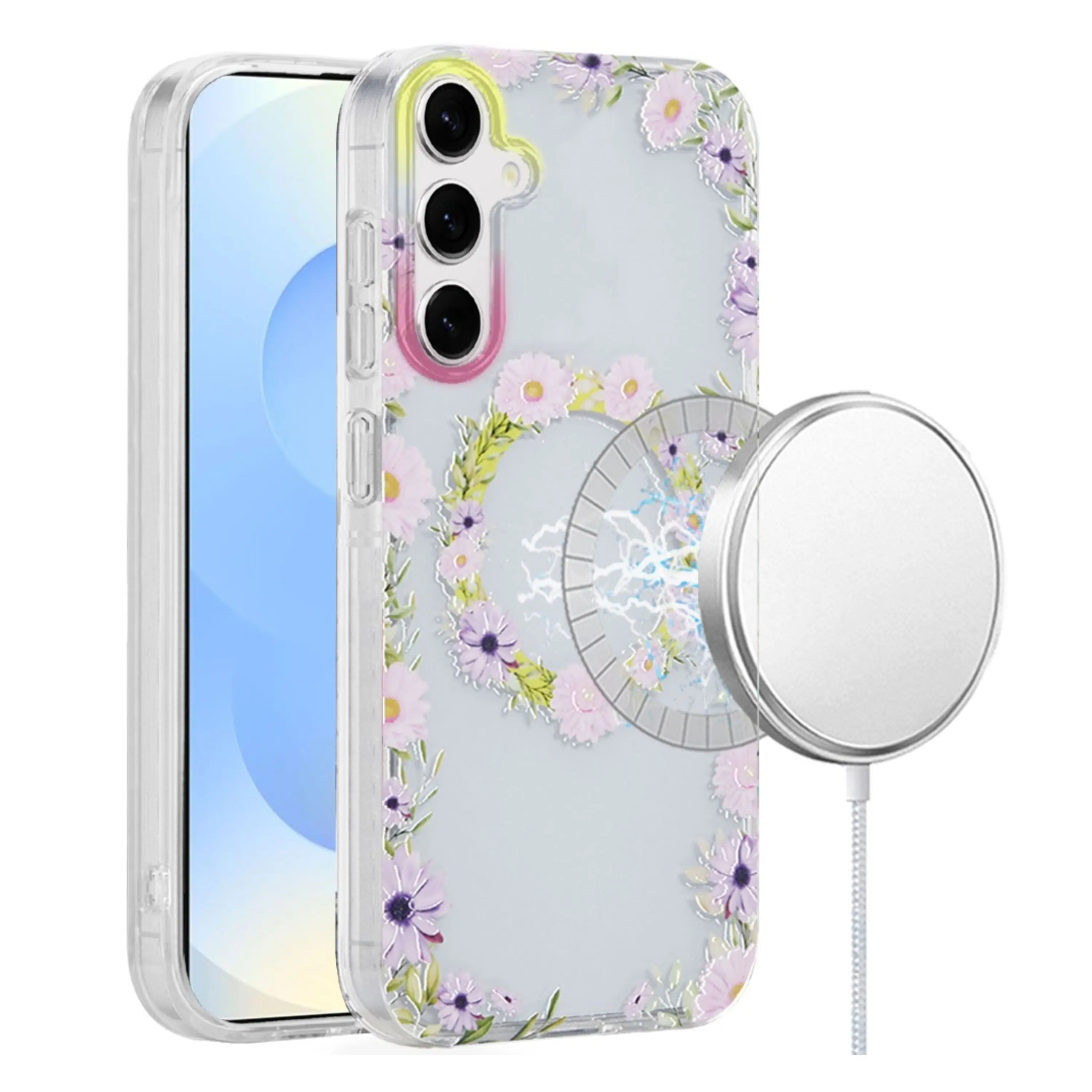 Angle. Kitcheniva - Dual Layer TPU Design Case With Magnetic Circle Tempered Glass For Samsung Galaxy S25+/S24+ Yellow/Purple Floral - Multicolor.
