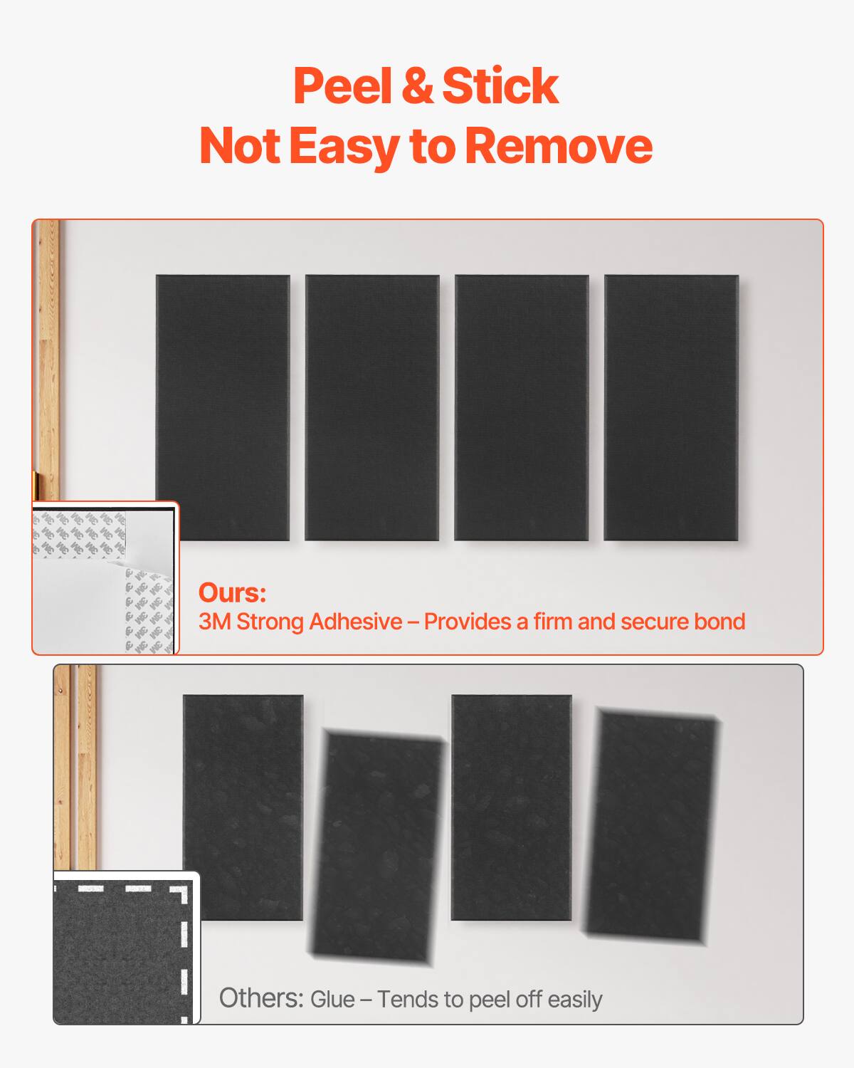 Peel & Stick  
Not Easy to Remove

Ours:  
3M Strong Adhesive – Provides a firm and secure bond

Others:  
Glue – Tends to peel off easily