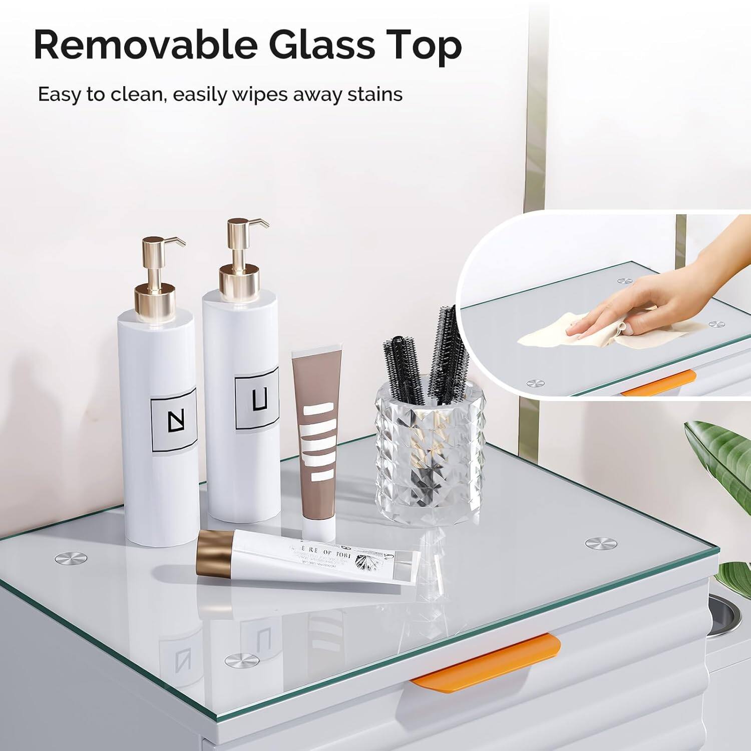 Removable Glass Top  
Easy to clean, easily wipes away stains