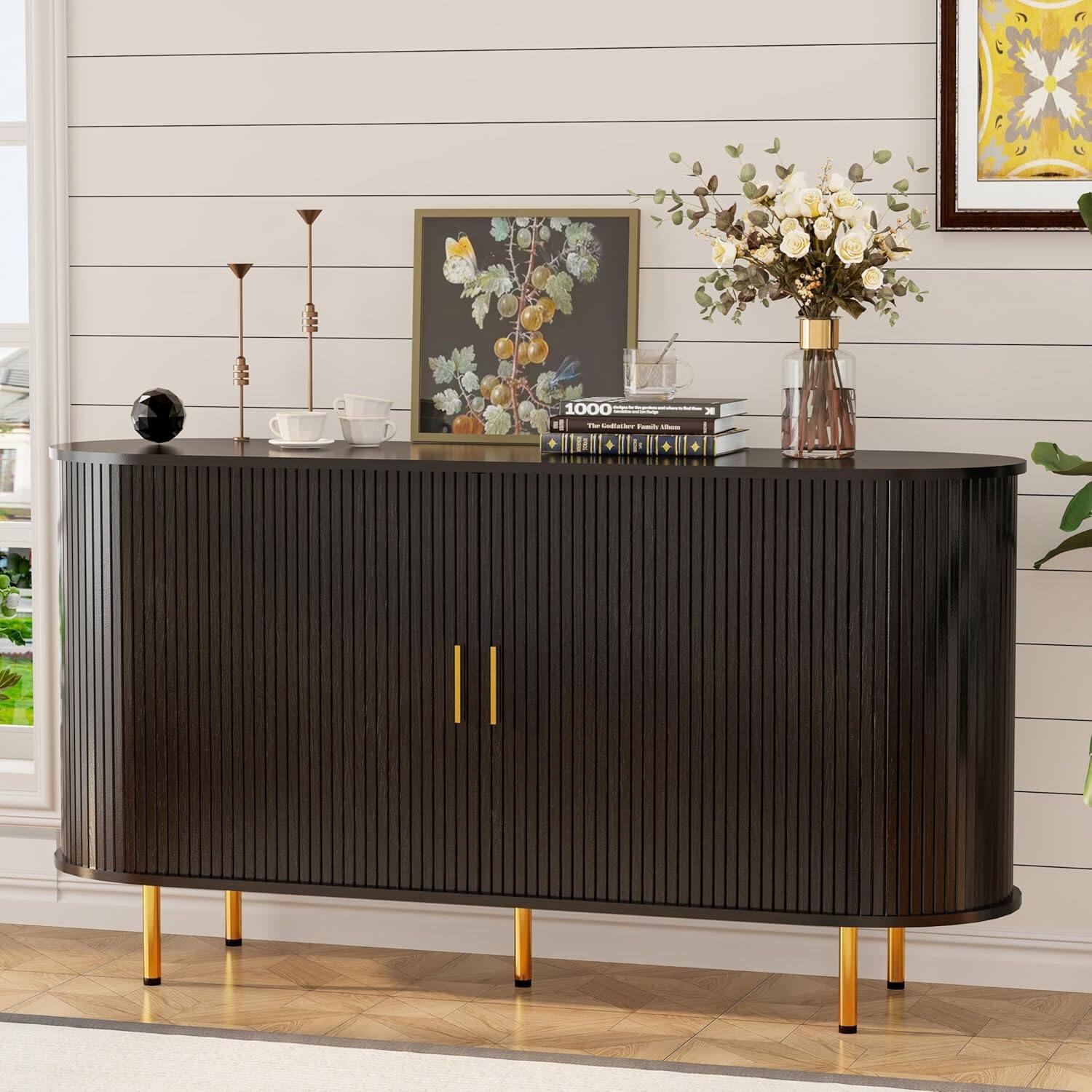 Left. Tiramisubest - 55 Inch Storage Cabinet,Fluted Sideboard Buffet Cabinet with Tambour Sliding Doors & Adjustable Shelf (Black) - Black.