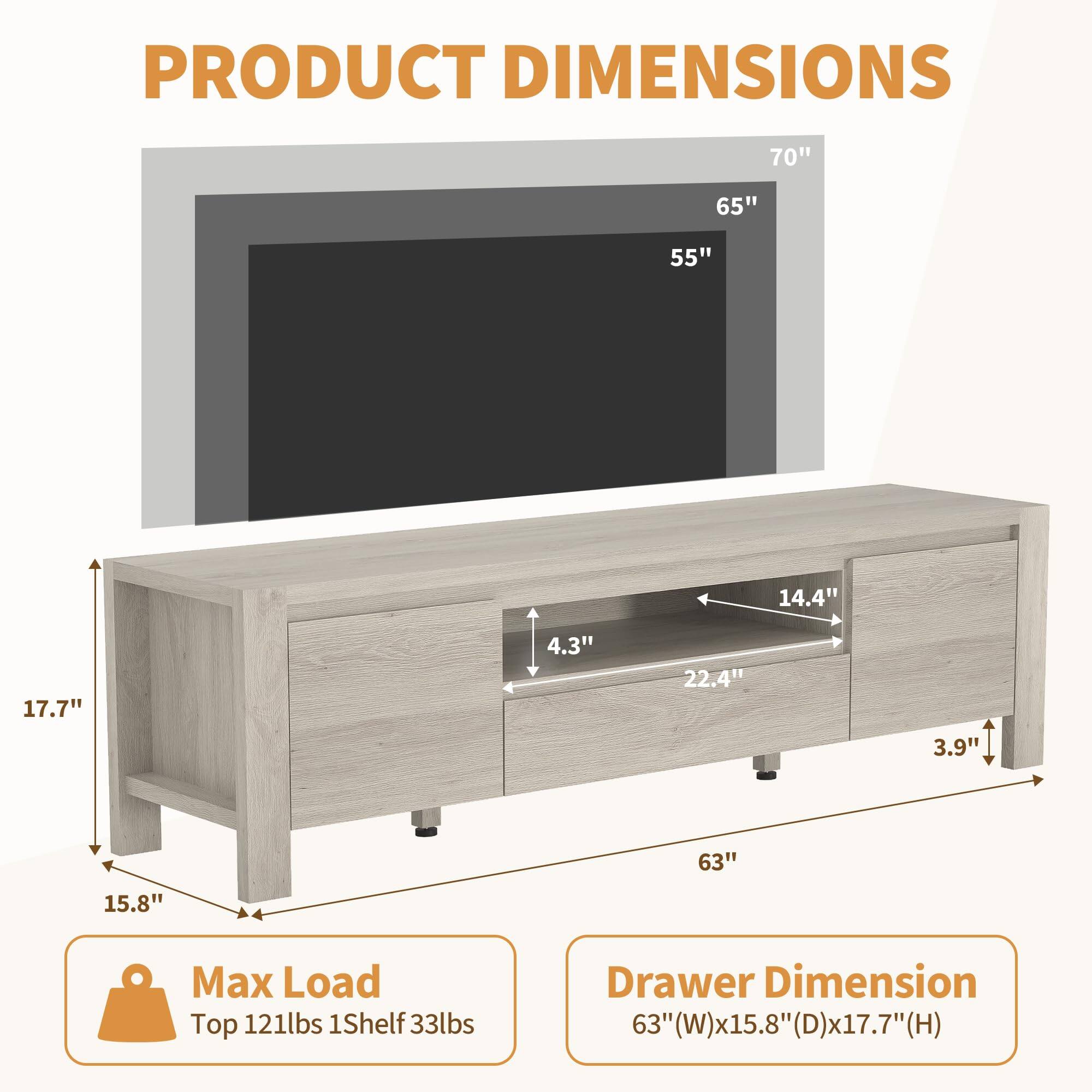PRODUCT DIMENSIONS

70"  
65"  
55"  
14.4"  
17.7"  
4.3"  
22.4"  
3.9"  
63"  
15.8"  

Max Load  
Top 121lbs  
1Shelf 33lbs  

Drawer Dimension  
63" (W) x 15.8" (D) x 17.7" (H)