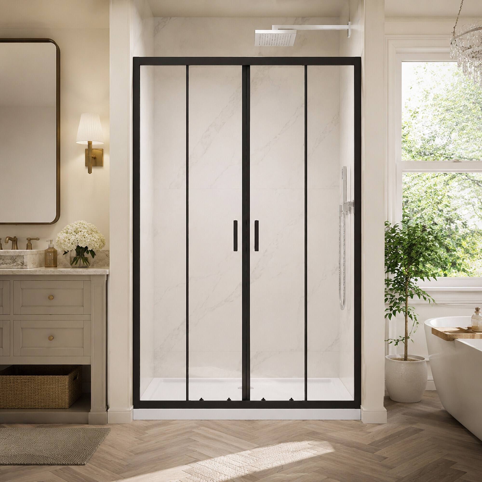 Left. RYHNUYNE - 48 In X 72 In Framed Double Sliding Shower Door, 1/4 In Clear Tempered Glass With Stainless Steel Handles Black Finish - Matt Black.