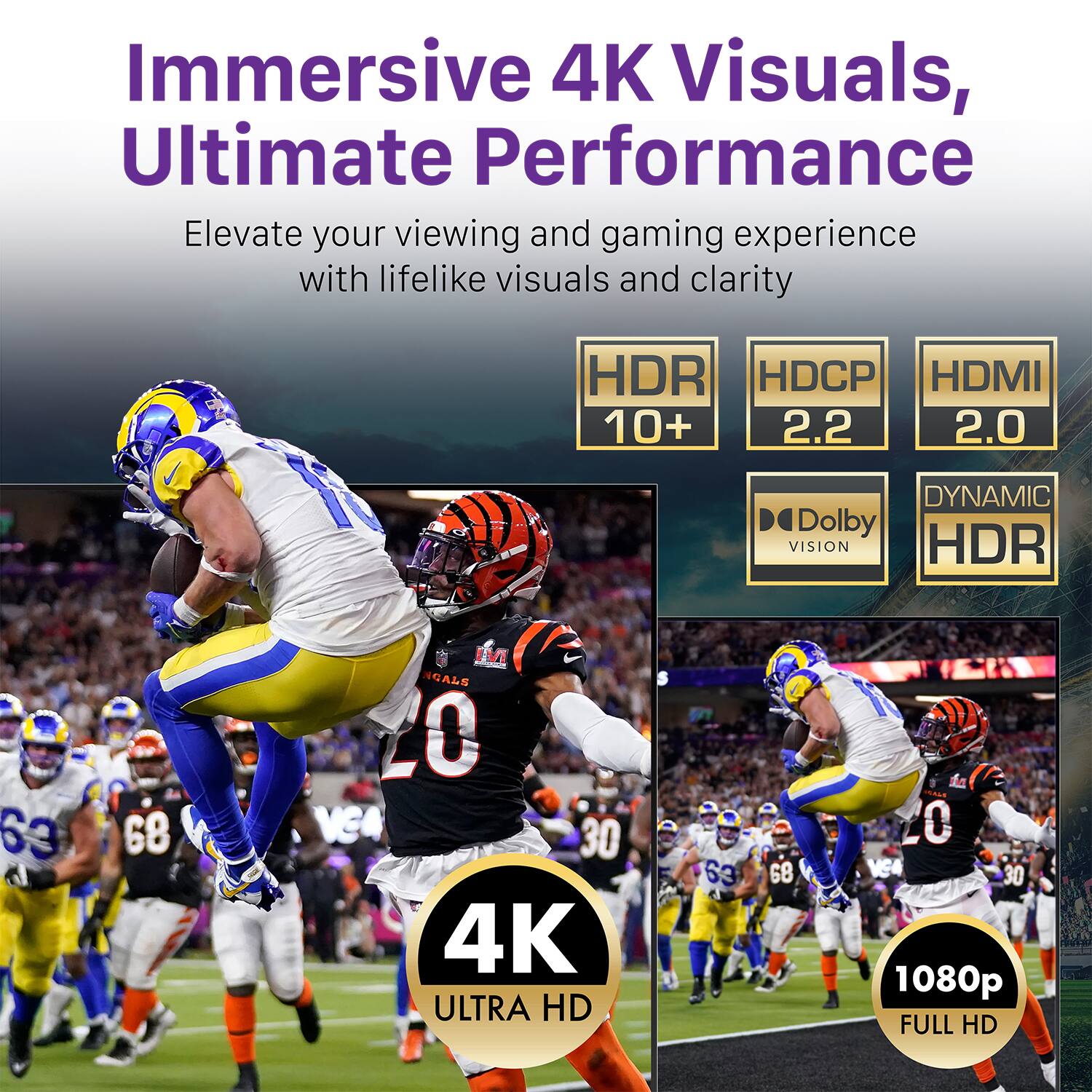 Immersive 4K Visuals, Ultimate Performance Elevate your viewing and gaming experience with lifelike visuals and clarity. HDR 10+ HDCP 2.2 HDMI 2.0 Dolby VISION DYNAMIC HDR 1080p FULL HD 4K ULTRA HD