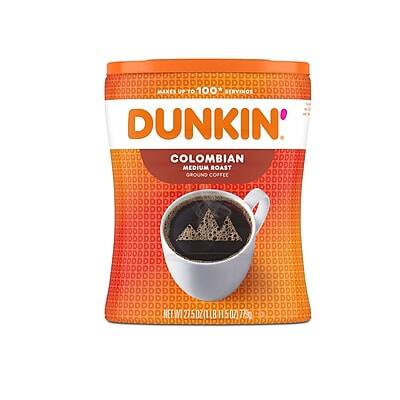 Dunkin'  
Colombian Medium Roast Ground Coffee  
Makes up to 100 servings  
Net Wt 275 oz (1 lb 11.5 oz) 773 g