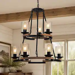 RYHNUYNE - 9-Light Rustic Wagon Wheel Chandelier with Distressed Wood Accents, Black Iron Frame, Adjustable Hanging Chain