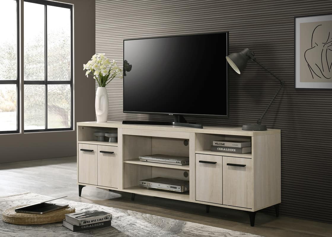 Spaco - TV Stand for TVs Up to 70", 70" Wide with 4 Door Cabinet, Open Shelves, Adjustable Storage, for Living Room - Oak
