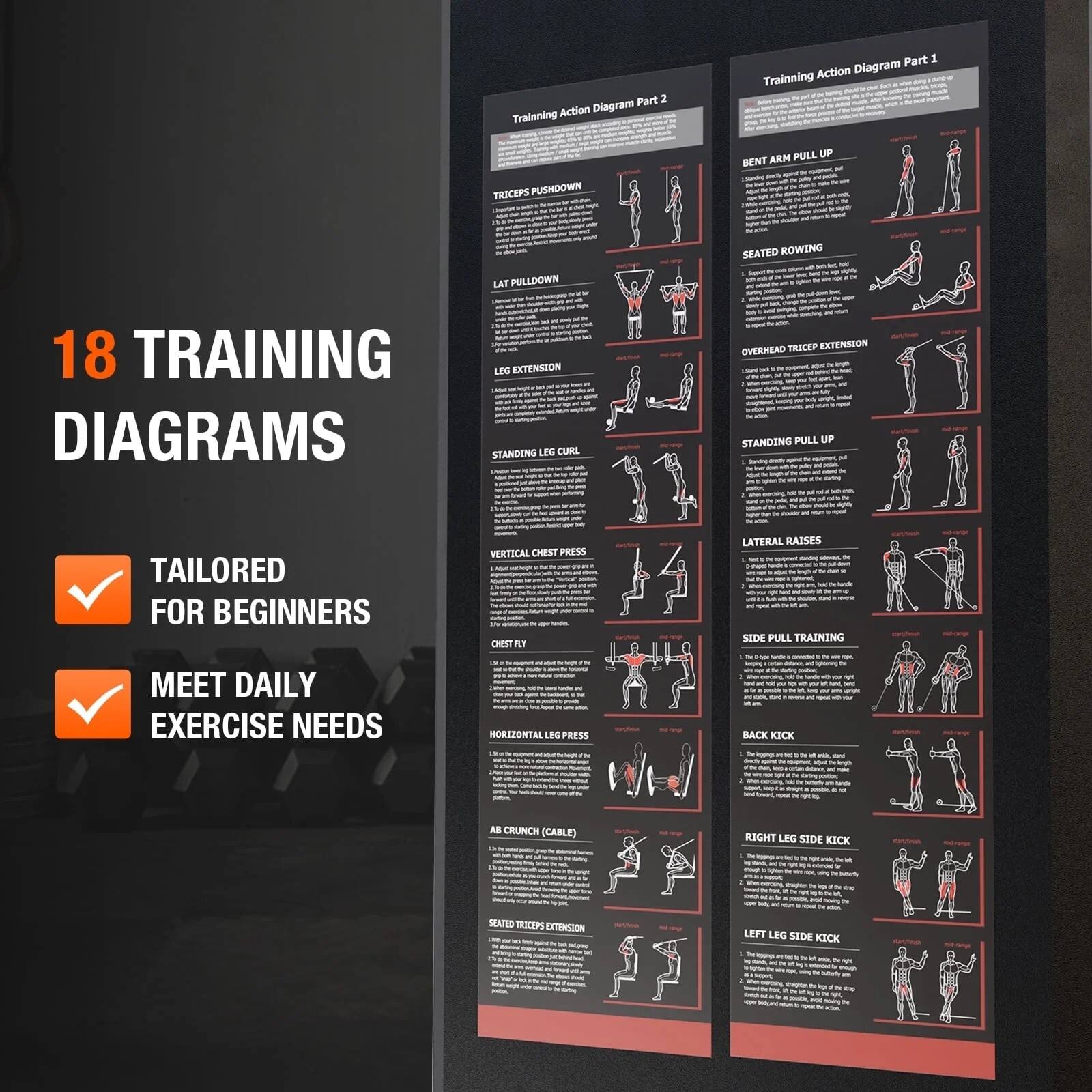 Part 2 Action Diagram Training  
Part 5 Action Diagram Training  

- TRICEPS PUSHDOWN  
- PULL UP  
- BENT ARM  
- LAT PULLDOWN  
- SEATED ROWING  

18 TRAINING DIAGRAMS  

- LEG EXTENSION  
- STANDING LFG CURL  
- THOCEP EXTENSION  
- OVERHEAD  
- STANDING PULL UP  
- VERTICAL CHEST PRESS  
- CHEST R,T  
- LATERAL RAISES  
- SIDE PULL TRAINING  

MEET DAILY EXERCISE NEEDS  

- HORIZONTAL LEG PRESS  
- BACK KICK  
- AB CRUNCH (CABLE)  
- RIGHT LEG SIDE KICK  
- SEATED TRICEPS EXTENSION  
- LEFT LEG SIDE KICK