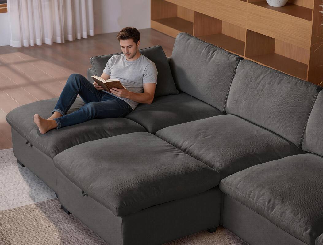 Alt View 5. Dyonery - 160" Cloud Sofa, ideal for family living rooms, modern U-shaped sectional sofa with convertible ottoman, modular sofa. - Grey.