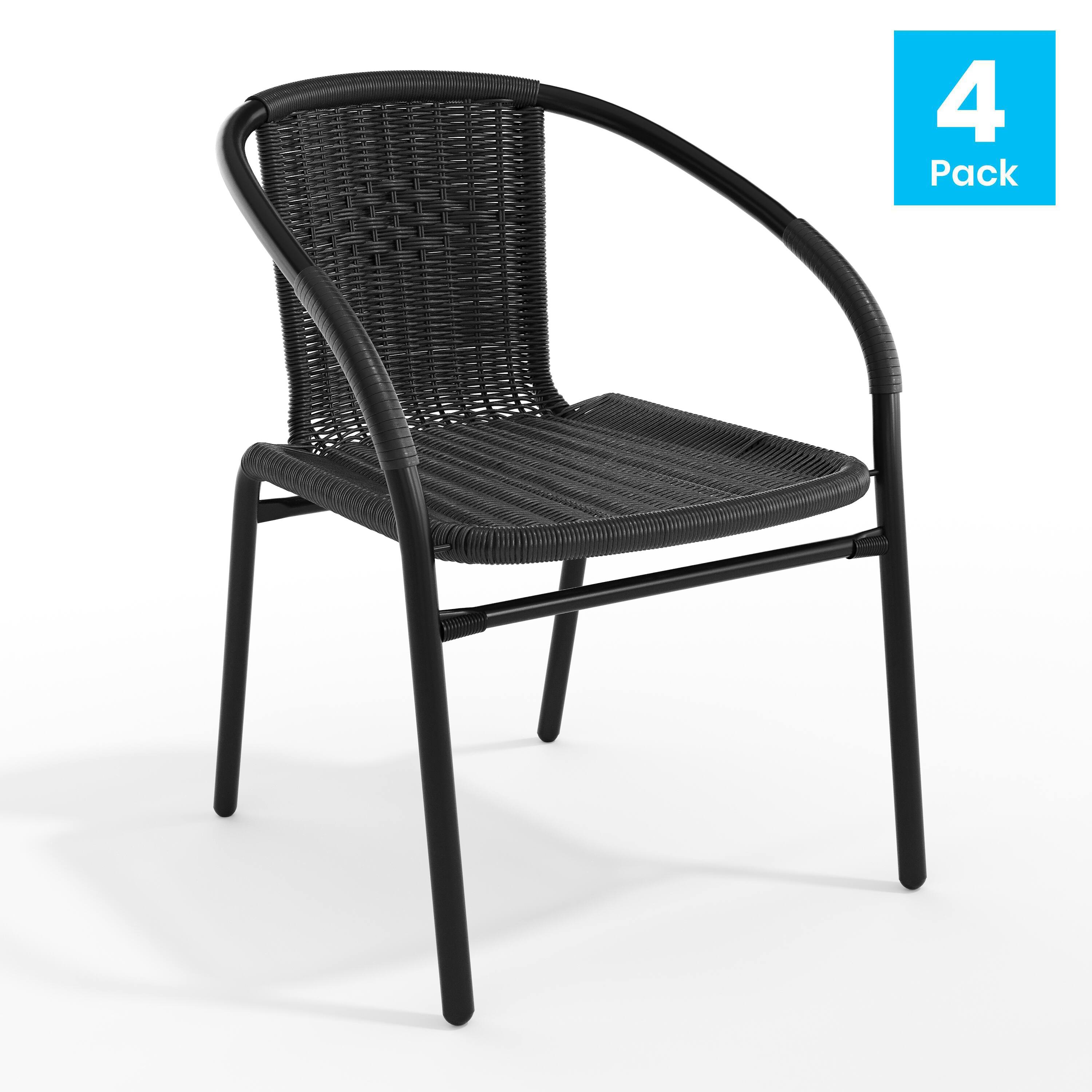 Alt View 1. Emma + Oliver - 4 Pack Rattan Indoor-Outdoor Restaurant Stack Chair with Curved Back - Black.