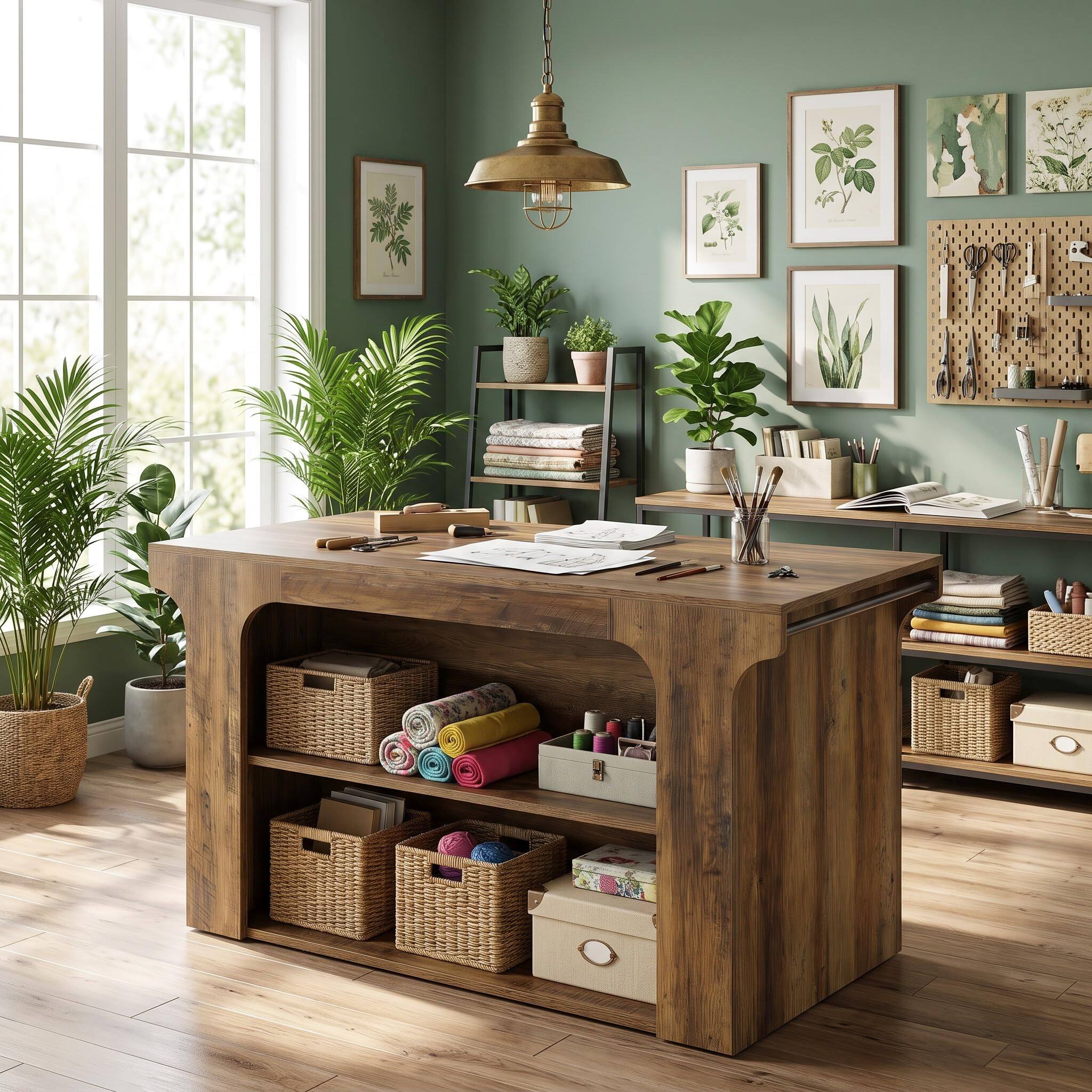 Alt View 3. Tribesigns - Farmhouse Craft Table with Storage, Seating, 2 Hanging Rods - Brown.